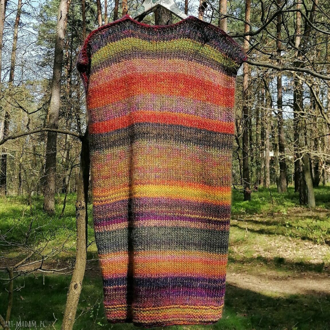 Ręcznie na drutach długa, ciepła kamizela w stylu boho (wełna z alpaki, moher i jedwab)