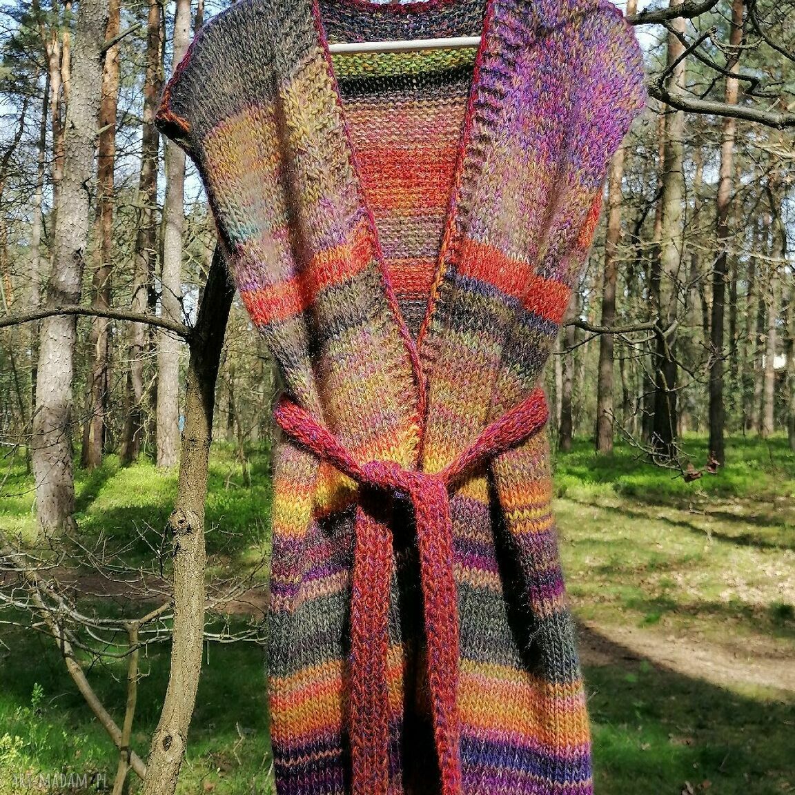 Ręcznie na drutach długa, ciepła kamizela w stylu boho (wełna z alpaki, moher i jedwab)