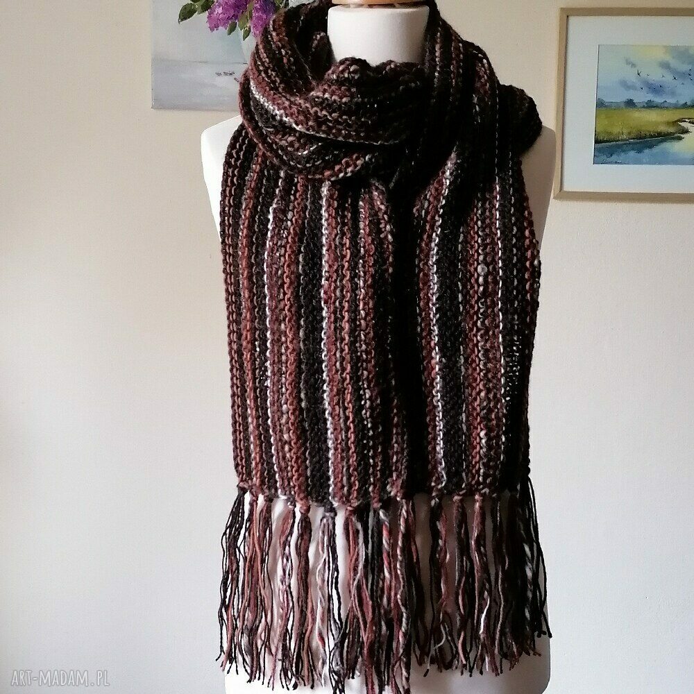 Długi szal boho Mus czekoladowy - ręcznie na drutach, unisex