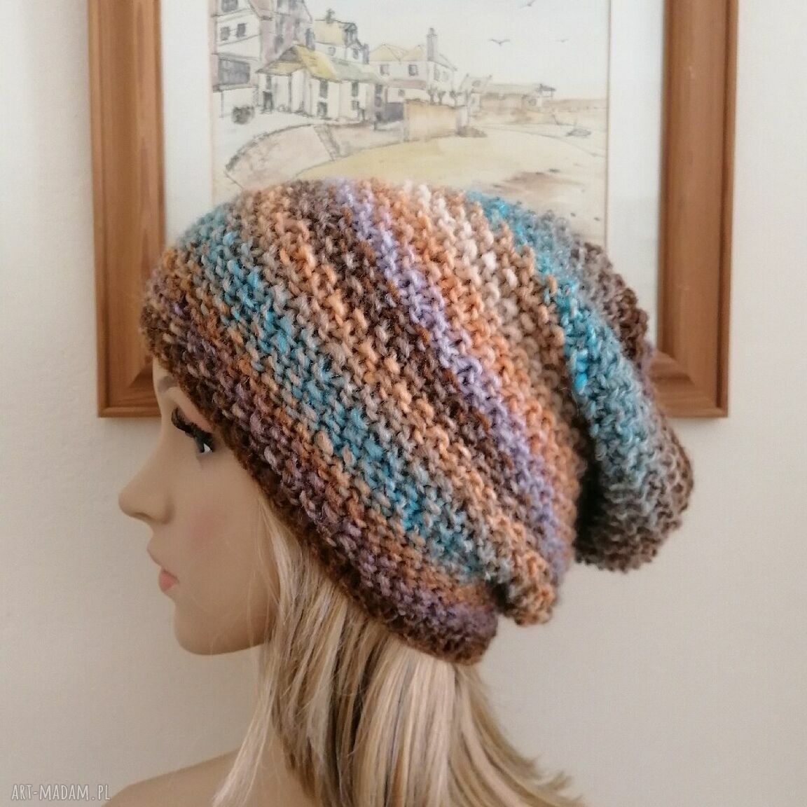 Ręcznie na drutach - piaskowa czapka beanie, bezszwowa i ciepła