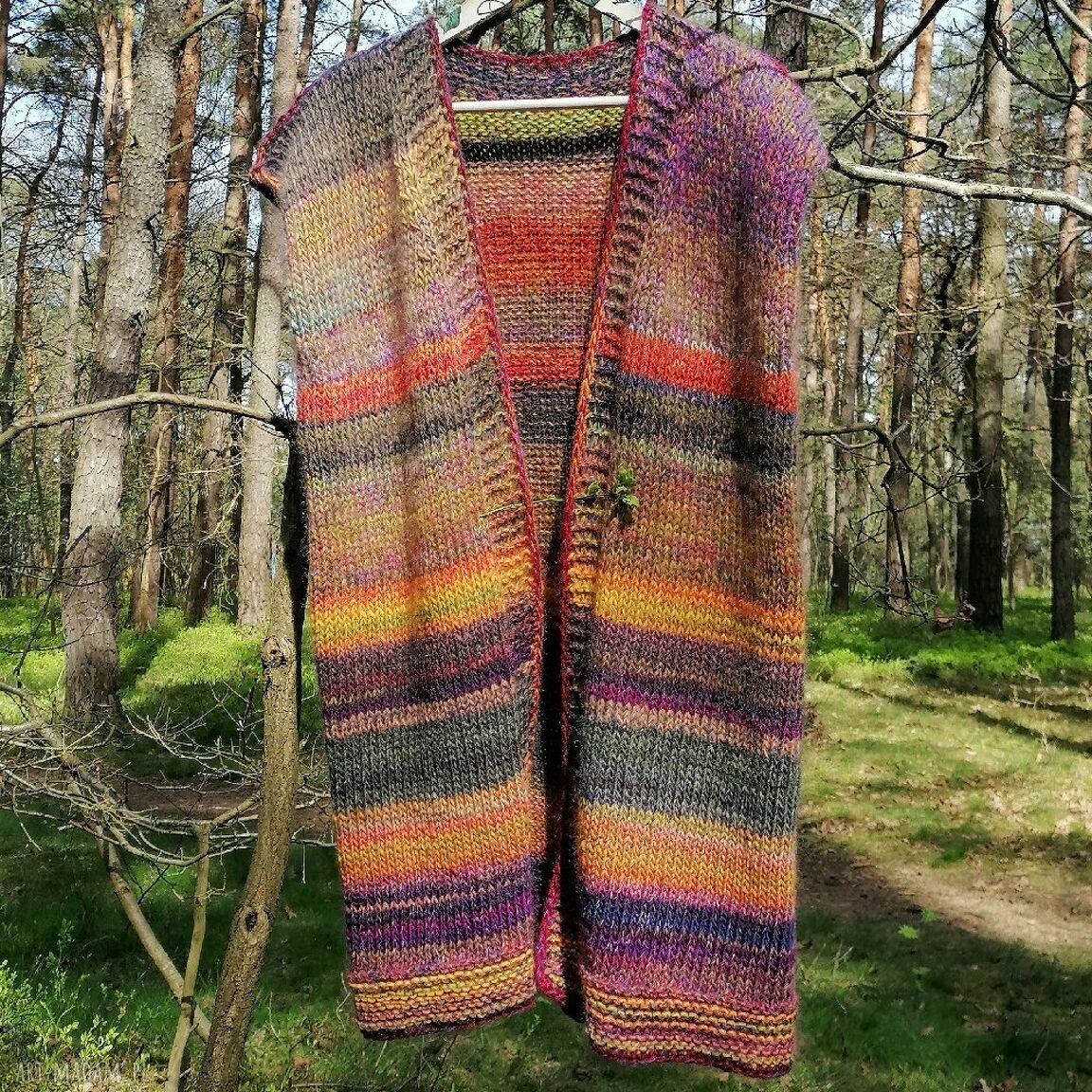 Ręcznie na drutach długa, ciepła kamizela w stylu boho (wełna z alpaki, moher i jedwab)