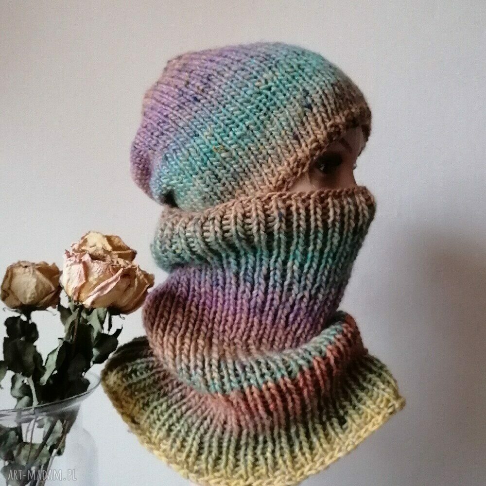 Ciepły komplet zimowy: czapka i komin Tweed ombre, ręcznie na drutach