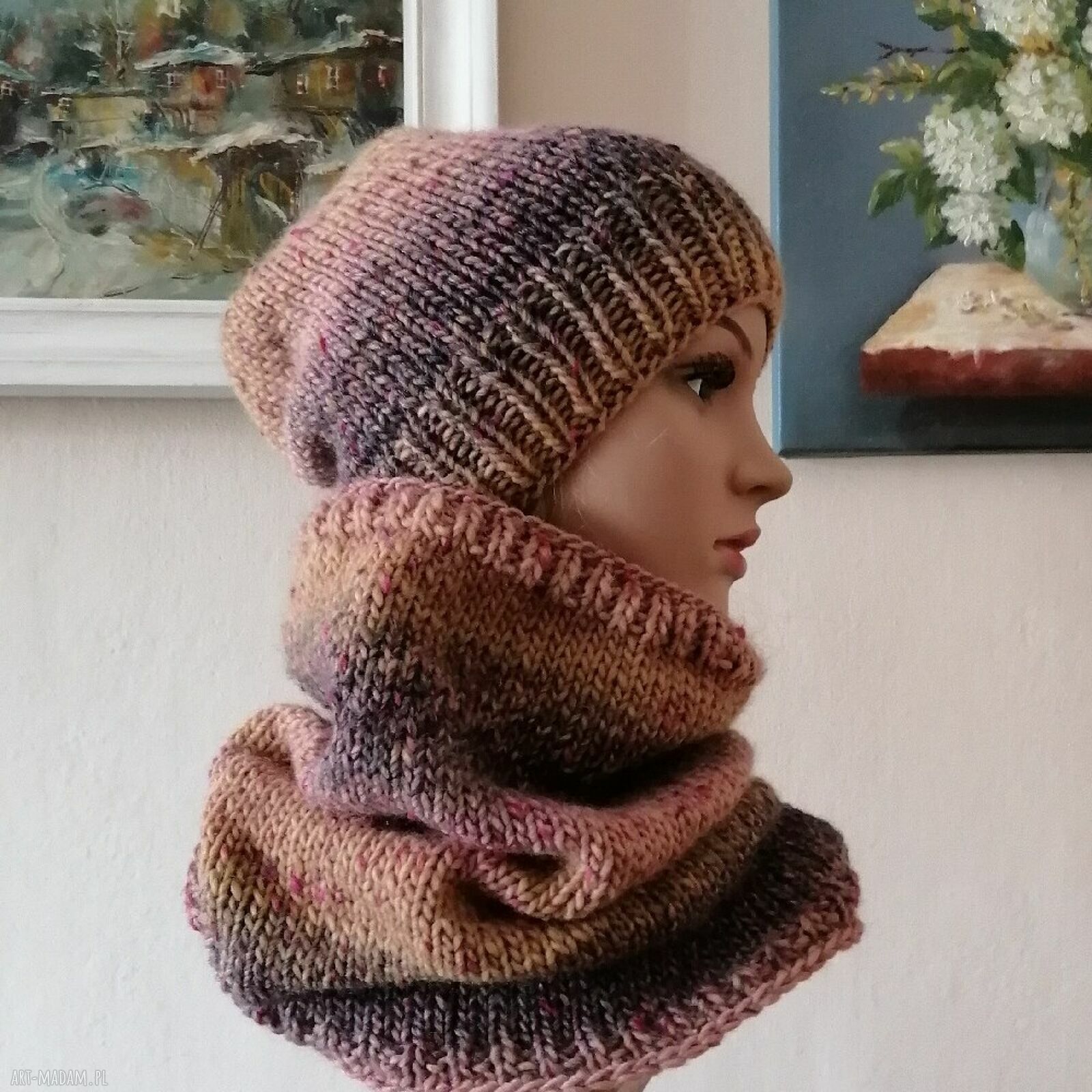 Ręcznie robiony komplet czapka i komin Tweed Ombre - miły i ciepły