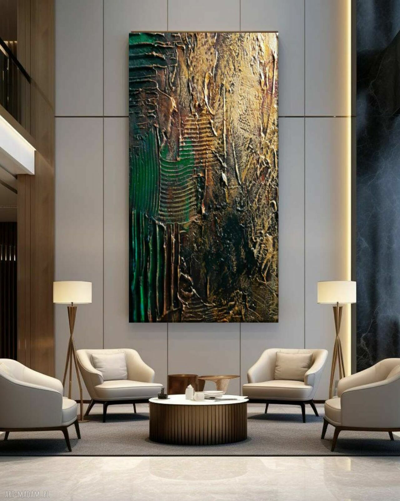 Ręcznie malowany obraz 80x160 cm w kolorach złoto - miedź i szmaragd