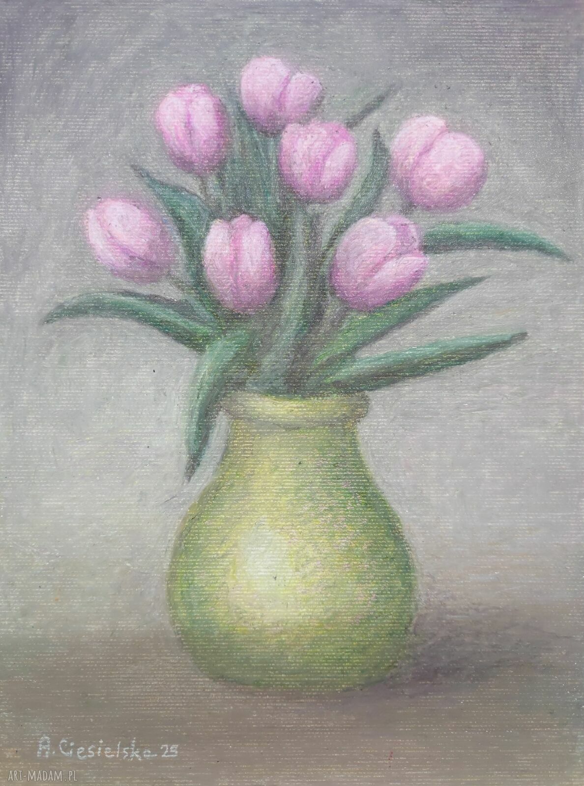 Siedem różowych tulipanów - ręcznie malowany obraz 18x24 cm