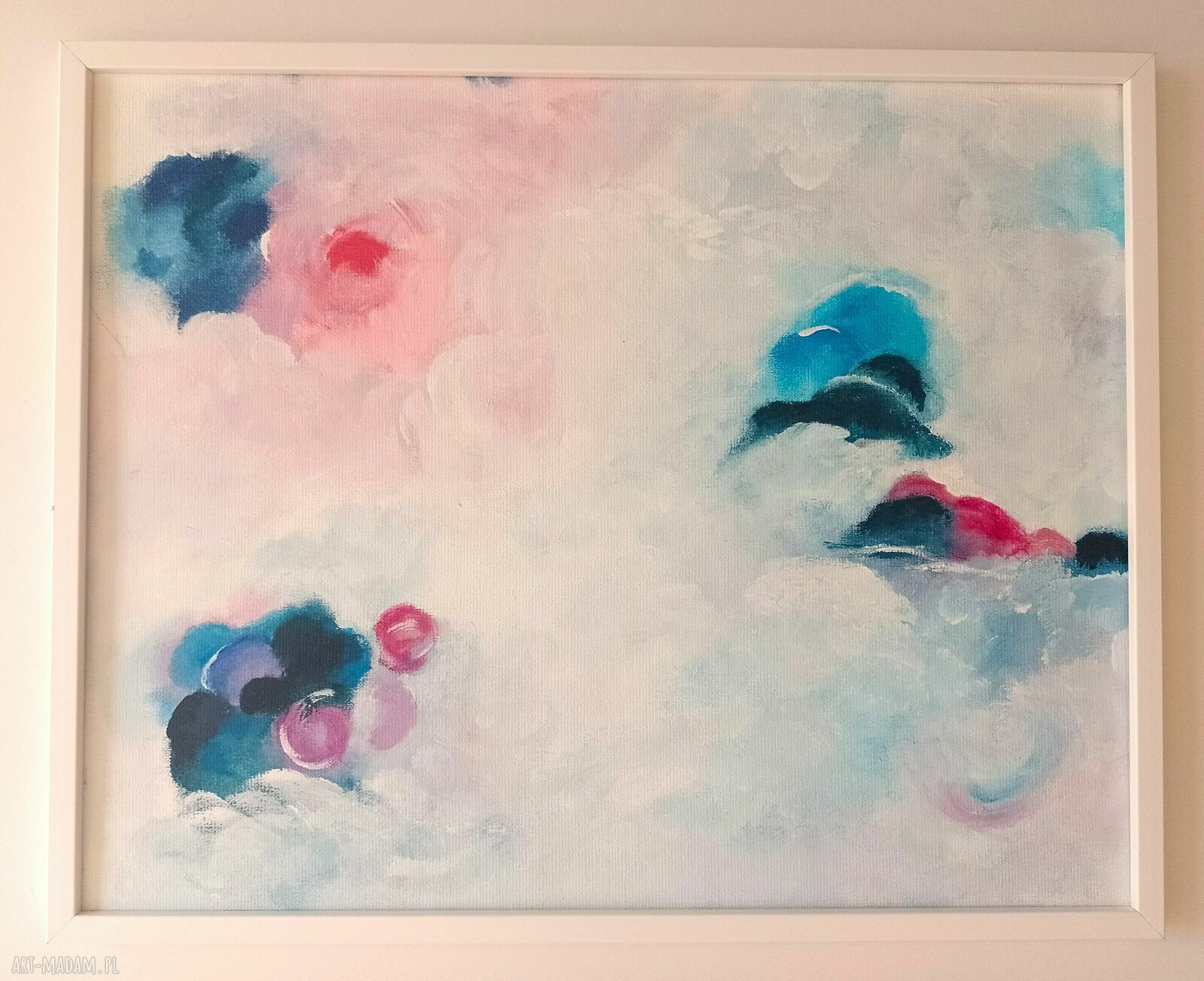 Obraz „Chmurki” ręcznie malowany abstrakcja w białej ramie 52x42 cm