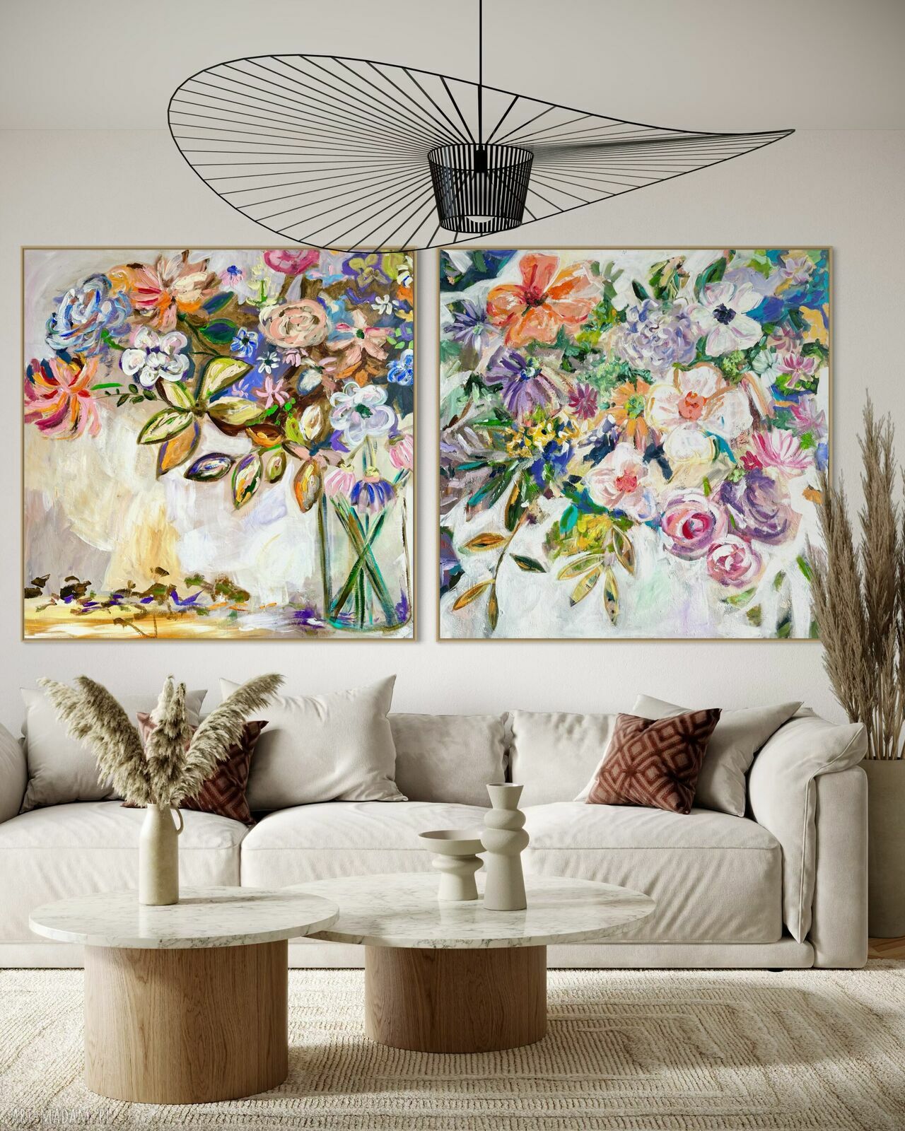 Ręcznie malowany kwiatowy zestaw obrazów na płótnie 110x110 cm