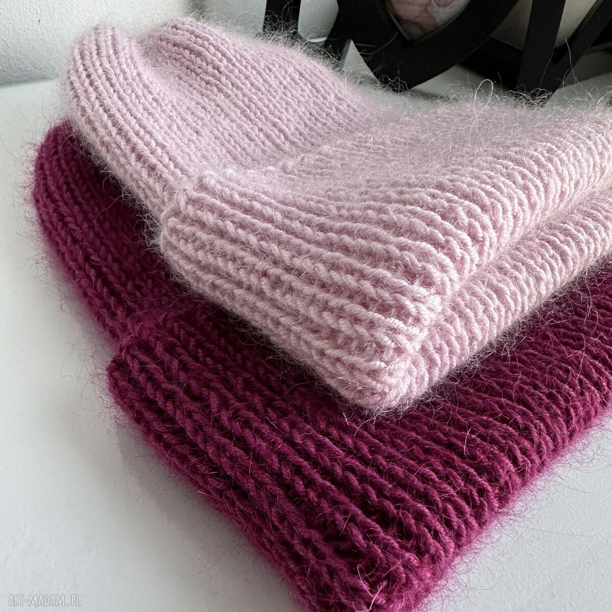 Ręcznie robiona czapka beanie Aurea z baby merino, moherem i jedwabiem - wrzos