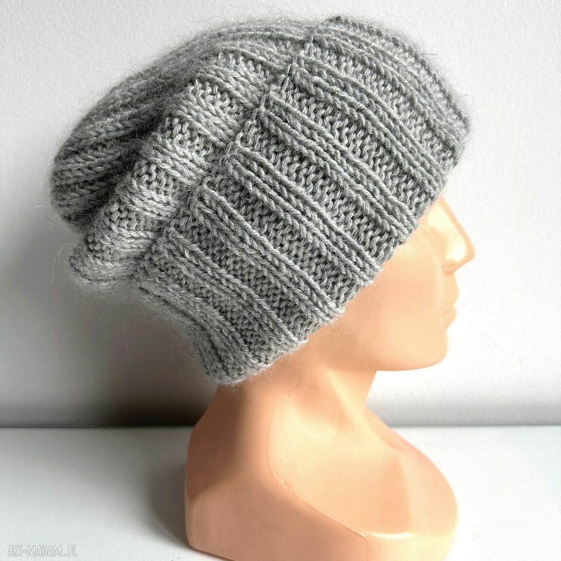 Ręcznie robiona czapka beanie MIRA z merino, moherem i jedwabiem - jasny szary