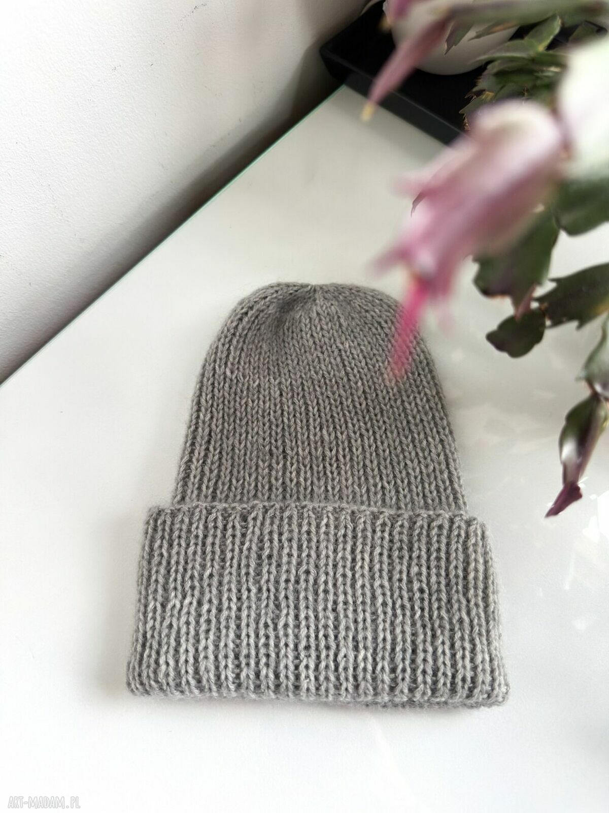 Czapka beanie AUREA G - ręczna z merynosa, moheru i jedwabiu w kolorze szary pył