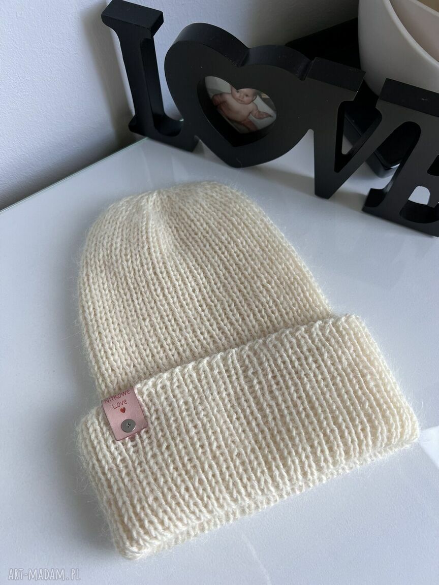 Wywijana czapka beanie AUREA - ecru z baby merino, moherem i jedwabiem