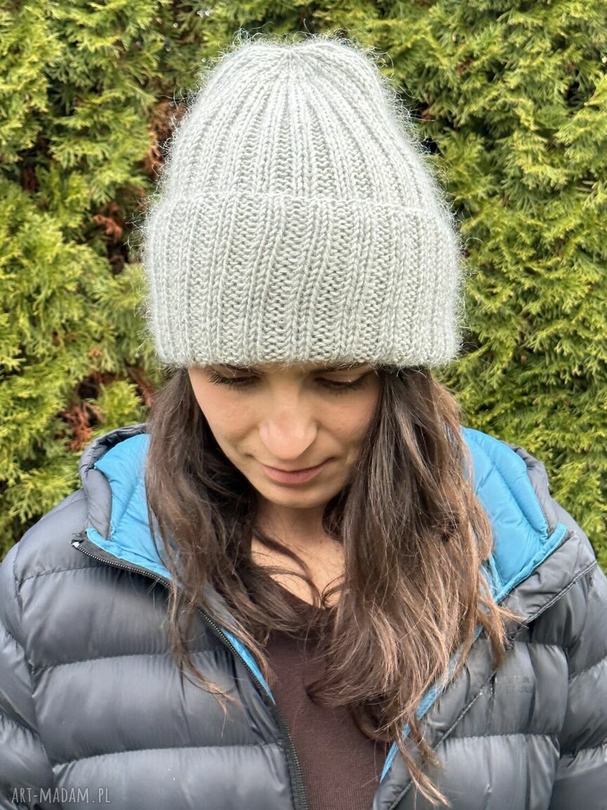 Ręcznie robiona czapka beanie MIRA z merino, moherem i jedwabiem - jasny szary