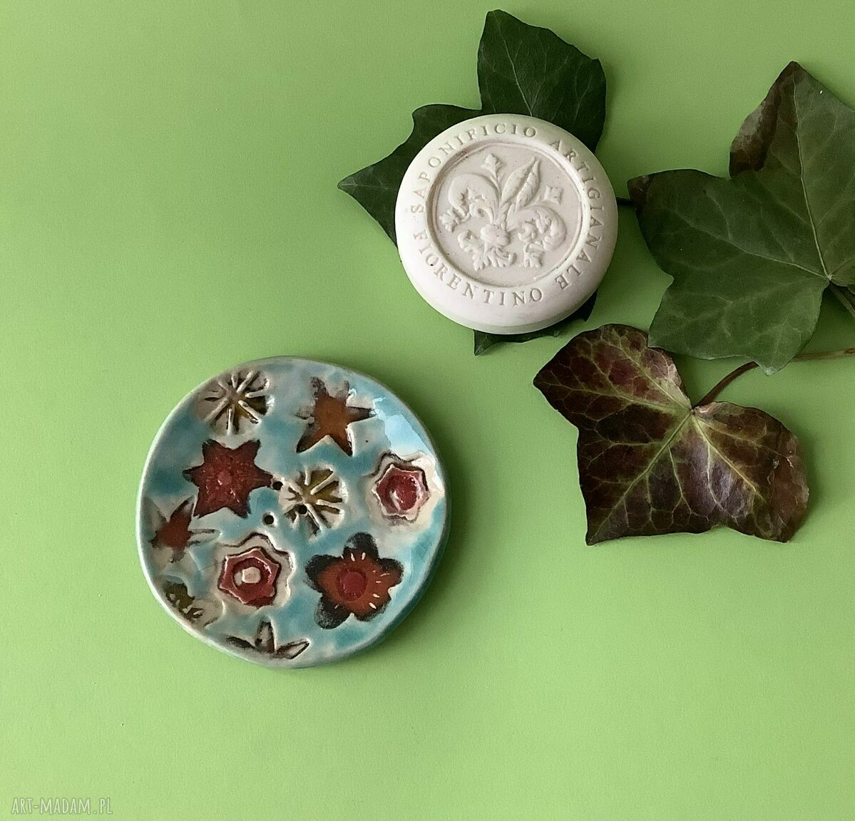 Ręcznie robiona mydelniczka „Wzory” - ceramiczna do łazienki