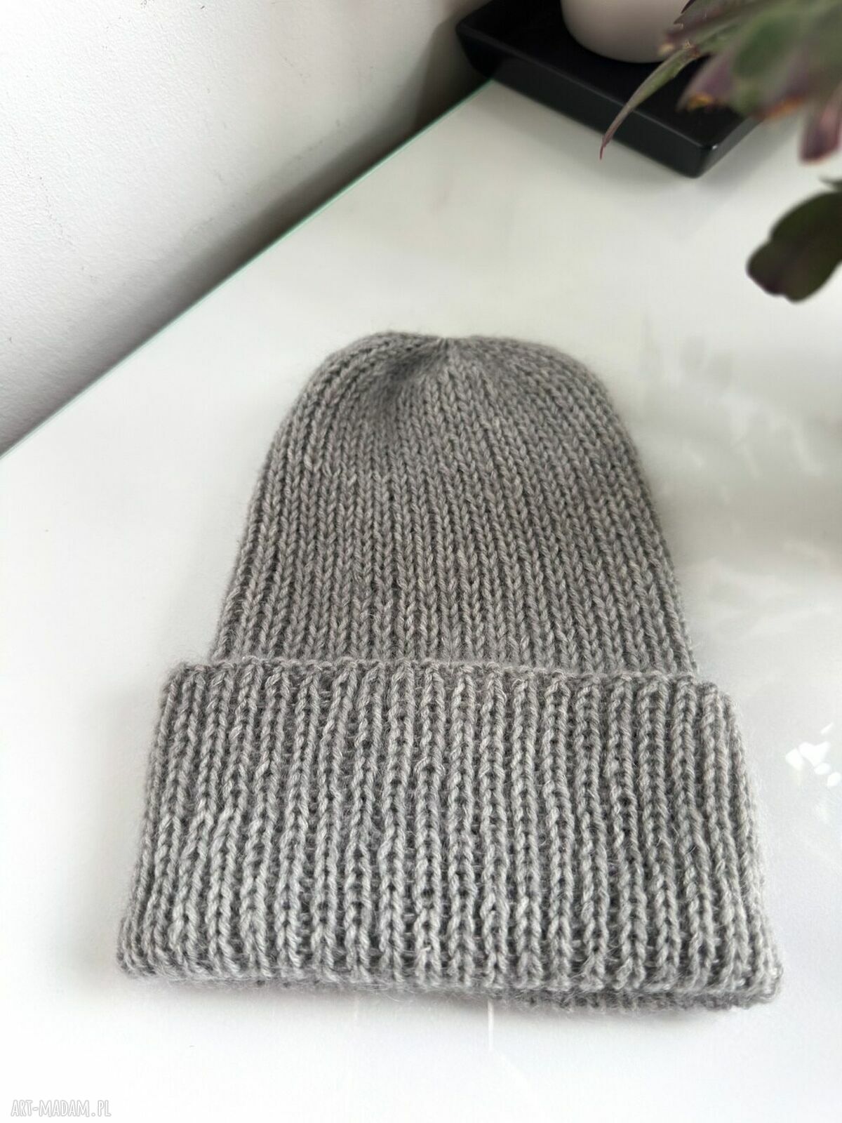Czapka beanie AUREA G - ręczna z merynosa, moheru i jedwabiu w kolorze szary pył
