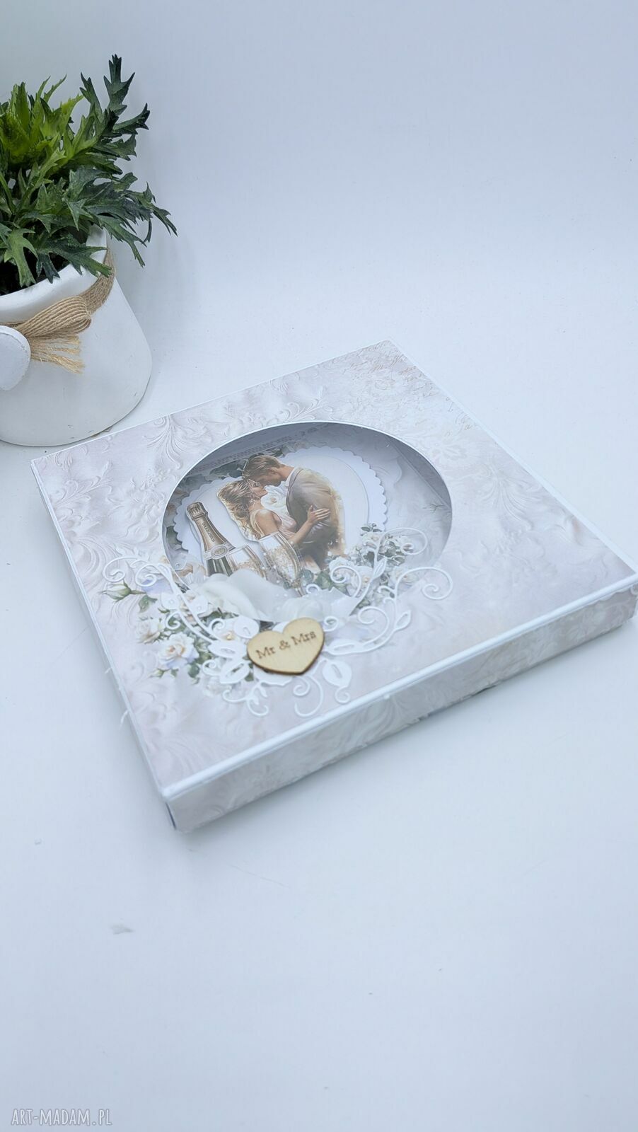 Ręcznie robiona kartka ślubna 14x14 cm 3D z pudełkiem i kieszonką na pieniądze