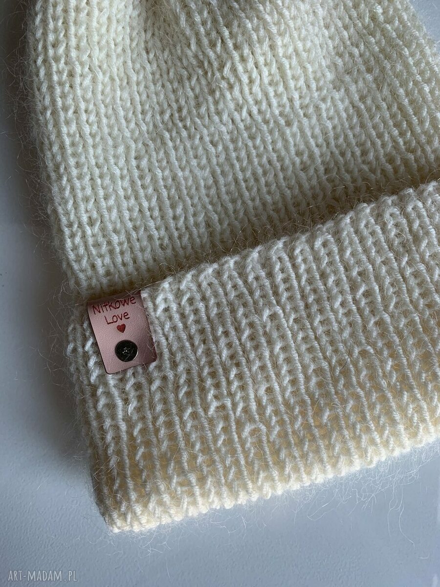 Wywijana czapka beanie AUREA - ecru z baby merino, moherem i jedwabiem