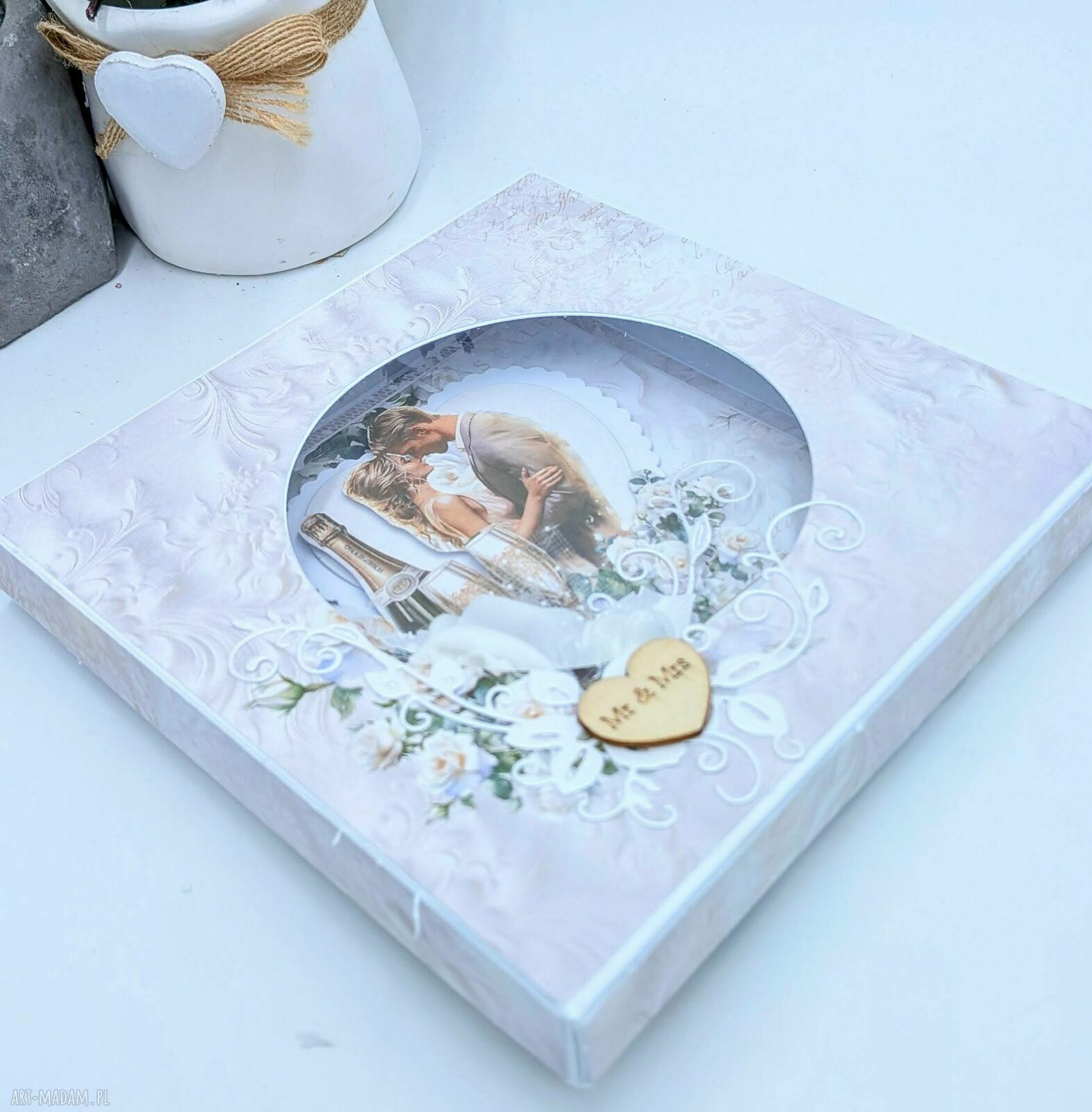 Ręcznie robiona kartka ślubna 14x14 cm 3D z pudełkiem i kieszonką na pieniądze