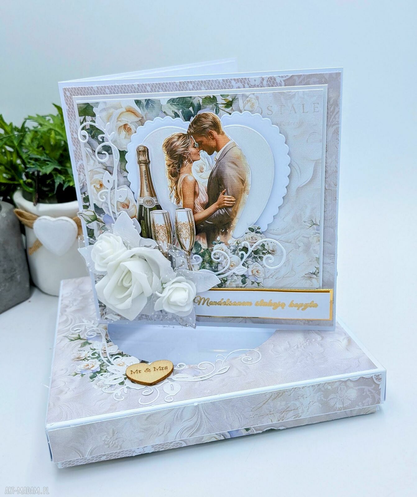 Ręcznie robiona kartka ślubna 14x14 cm 3D z pudełkiem i kieszonką na pieniądze