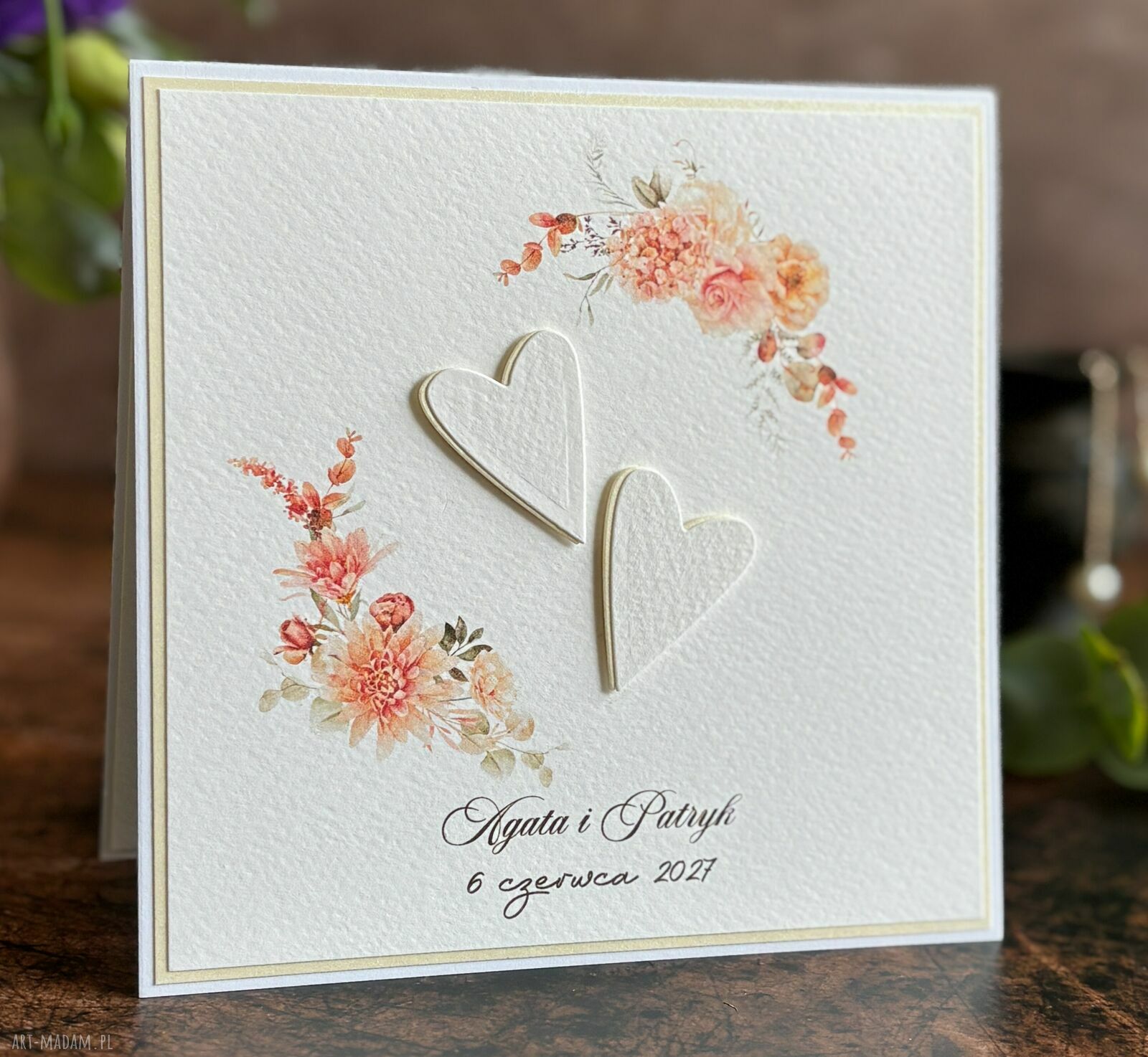 Ręcznie robiona kartka ślubna z personalizacją Pastelle (14x14 cm)