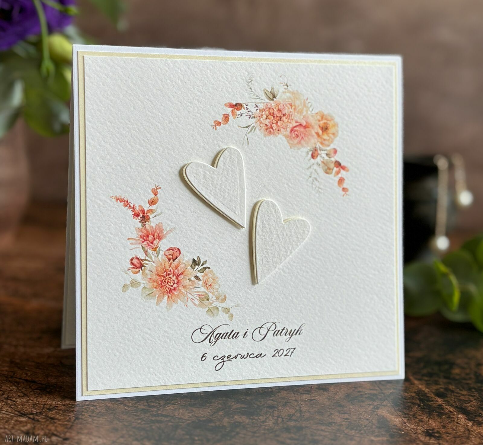 Ręcznie robiona kartka ślubna z personalizacją Pastelle 14x14 cm