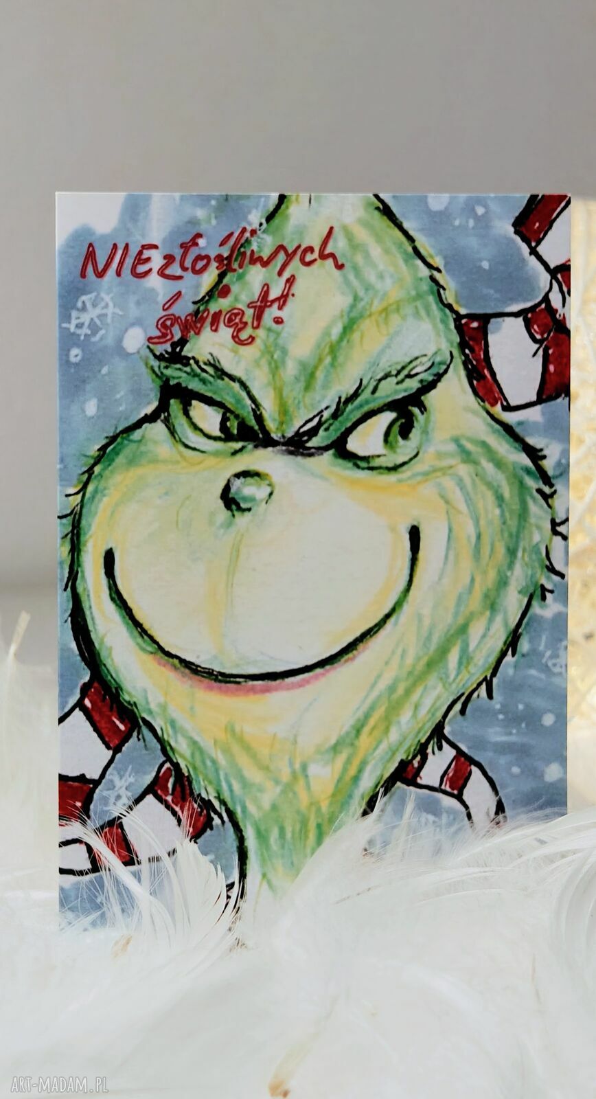 Ręcznie robiona kartka świąteczna Grinch z zabawnymi życzeniami A6