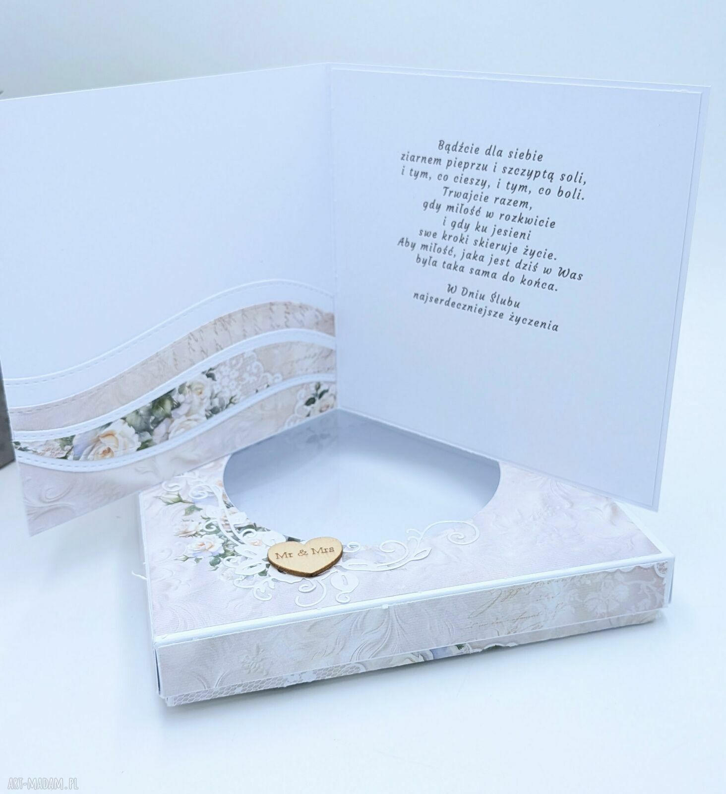 Ręcznie robiona kartka ślubna 14x14 cm 3D z pudełkiem i kieszonką na pieniądze