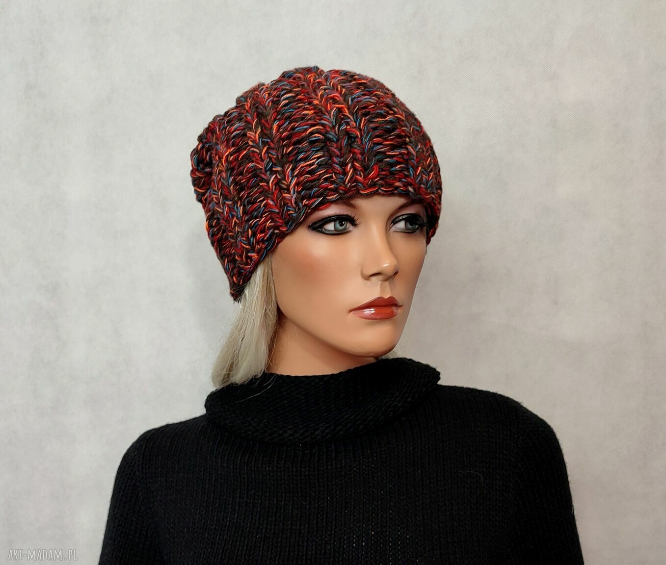 Ręcznie robiona kolorowa czapka unisex na drutach z wełny (brązowy miks)