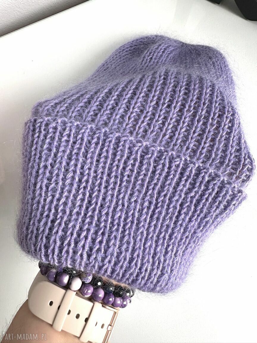 Czapka beanie AUREA z baby merino, moherem i jedwabiem - fioletowa
