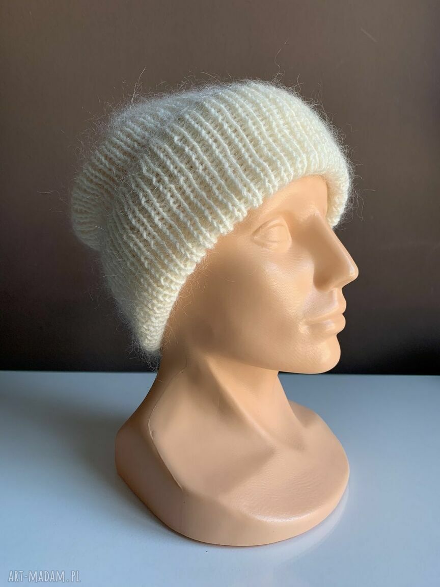 Wywijana czapka beanie AUREA - ecru z baby merino, moherem i jedwabiem