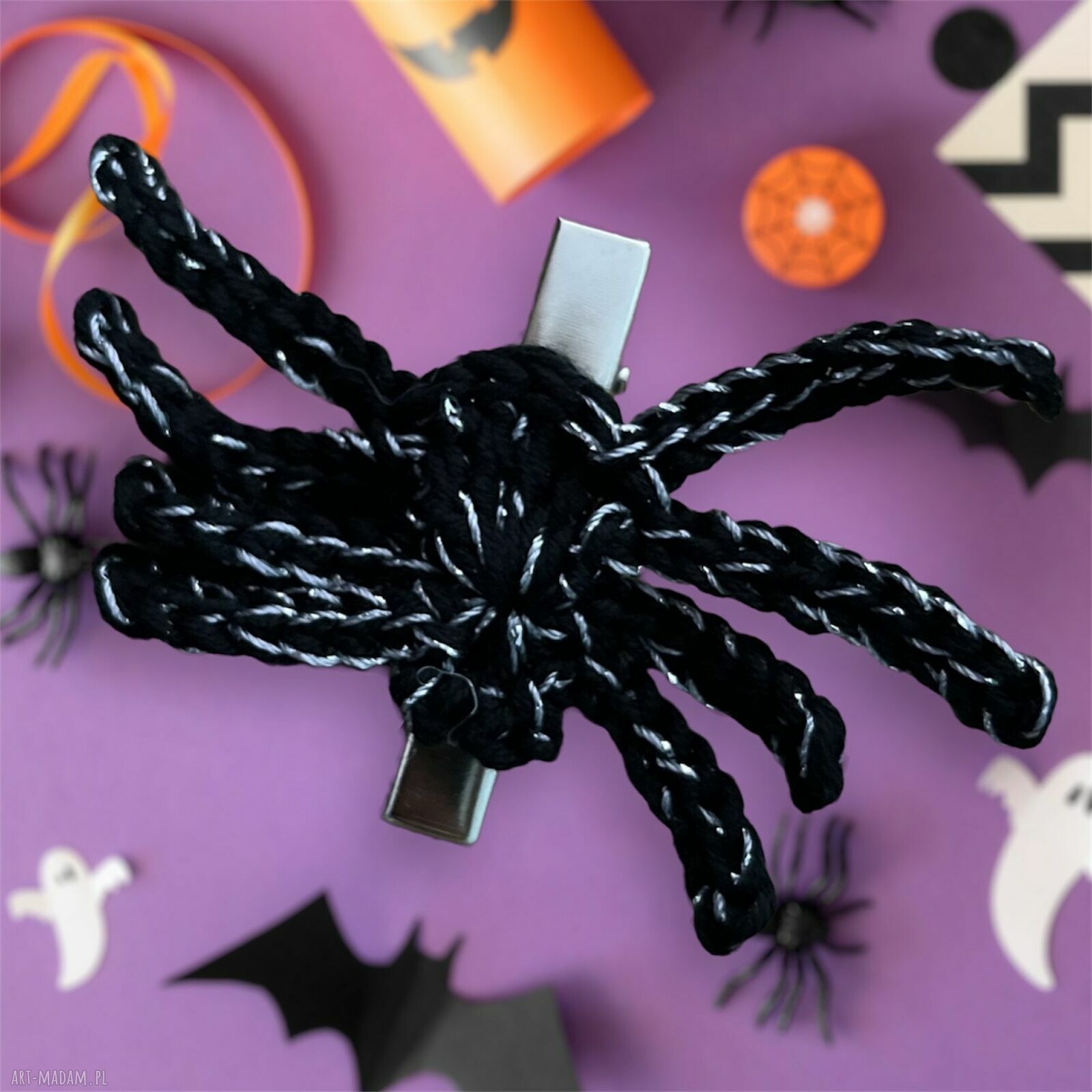 Ręcznie robiona spinka do włosów Pająk na Halloween - czarno-srebrna