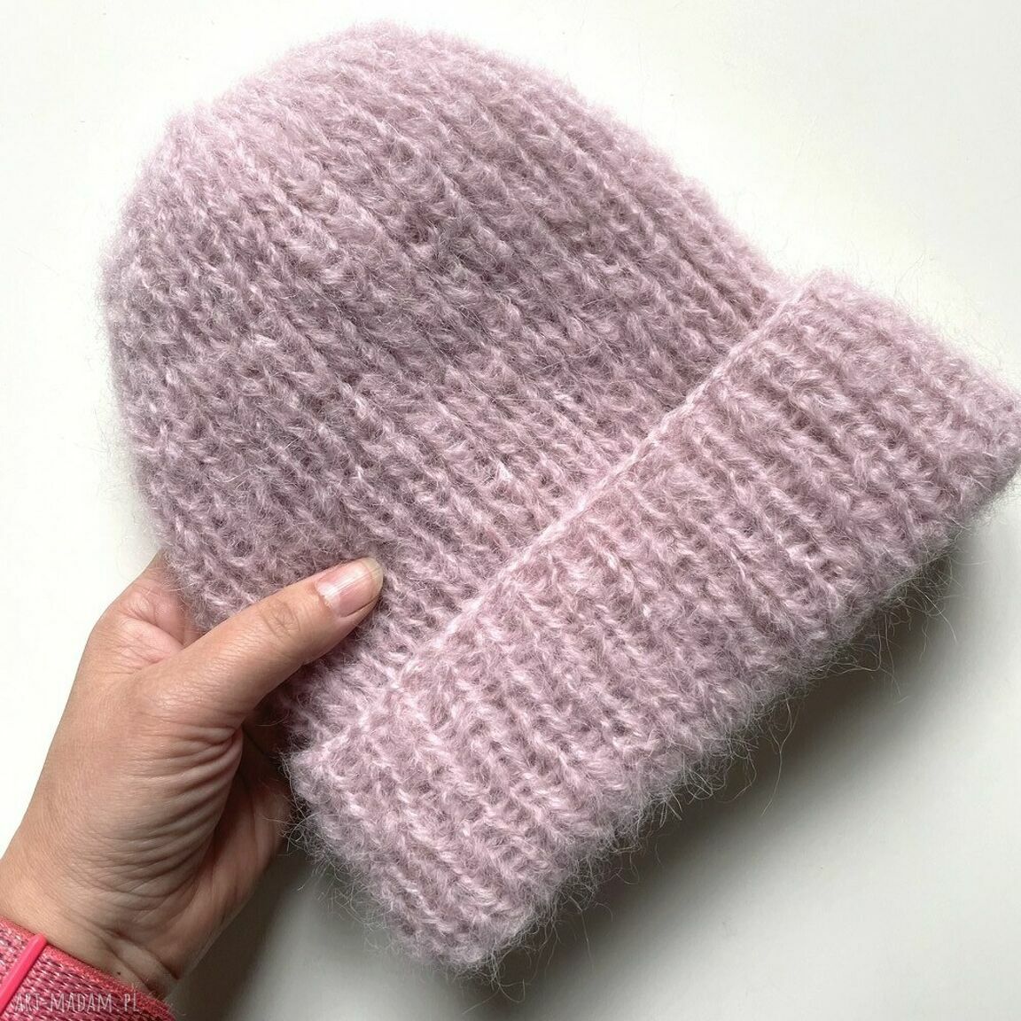 Ręcznie robiona czapka damska Beanie Wata Cukrowa z alpaki i merynosa - pudrowy róż