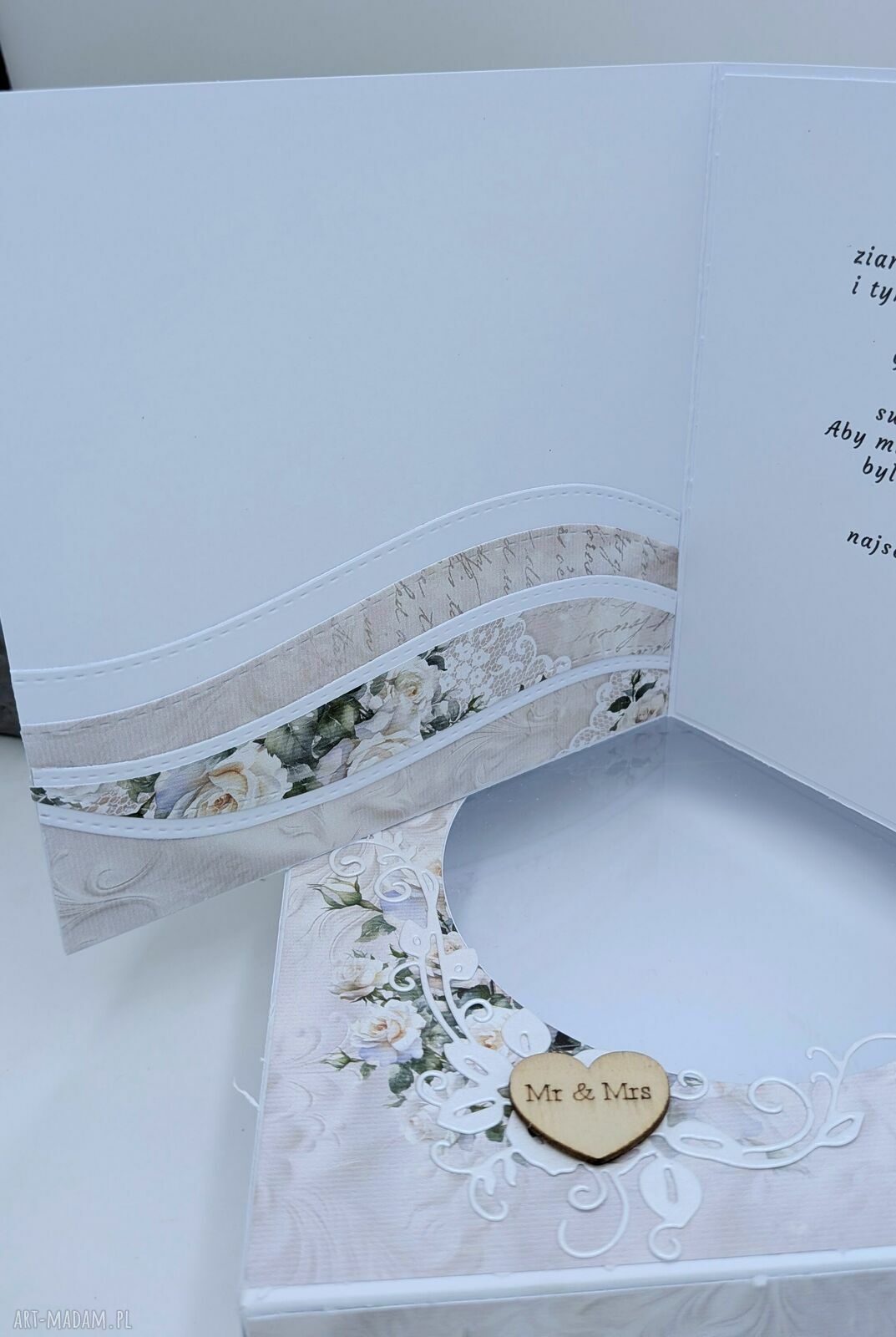 Ręcznie robiona kartka ślubna 14x14 cm 3D z pudełkiem i kieszonką na pieniądze