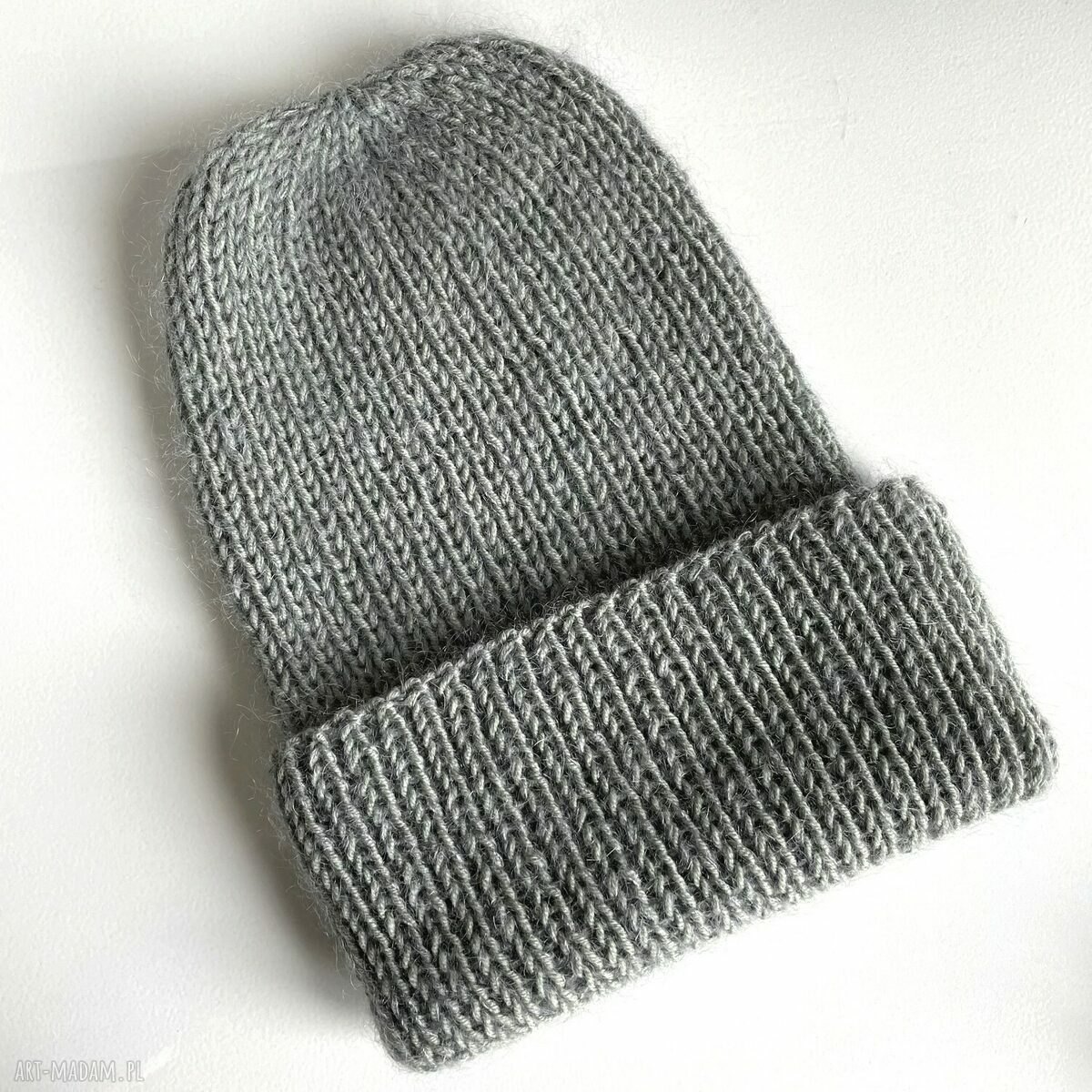 Wywijana czapka beanie AUREA z baby merino, moherem i jedwabiem - Zielona Szałwia