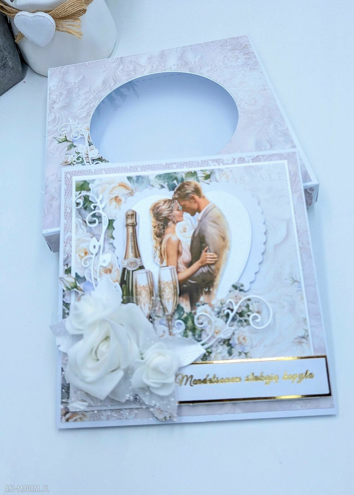 Ręcznie robiona kartka ślubna 14x14 cm 3D z pudełkiem i kieszonką na pieniądze