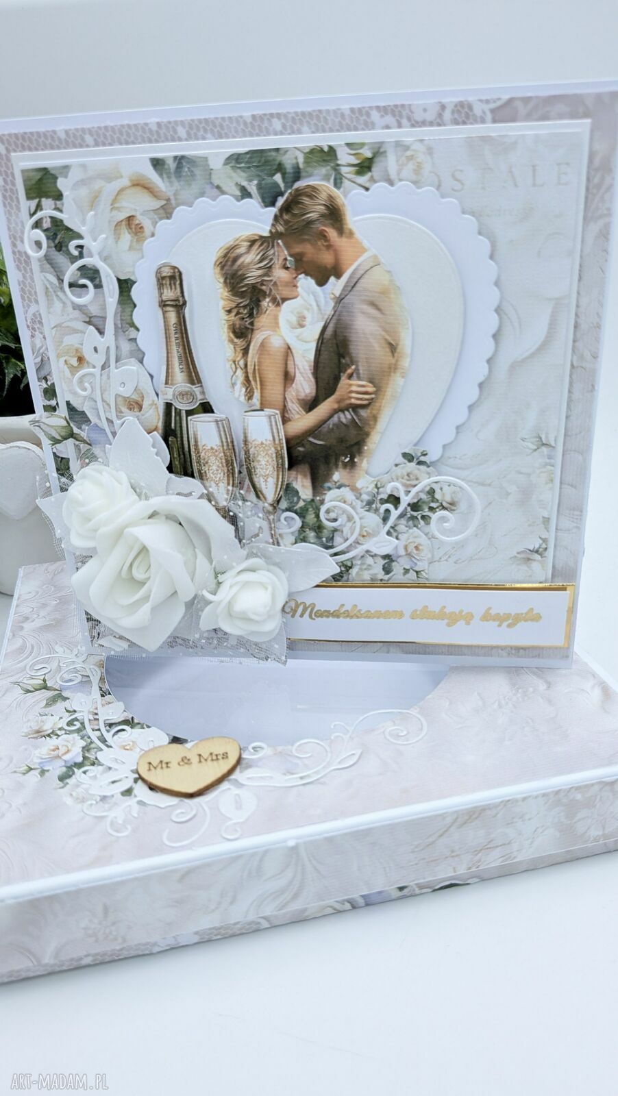 Ręcznie robiona kartka ślubna 14x14 cm 3D z pudełkiem i kieszonką na pieniądze
