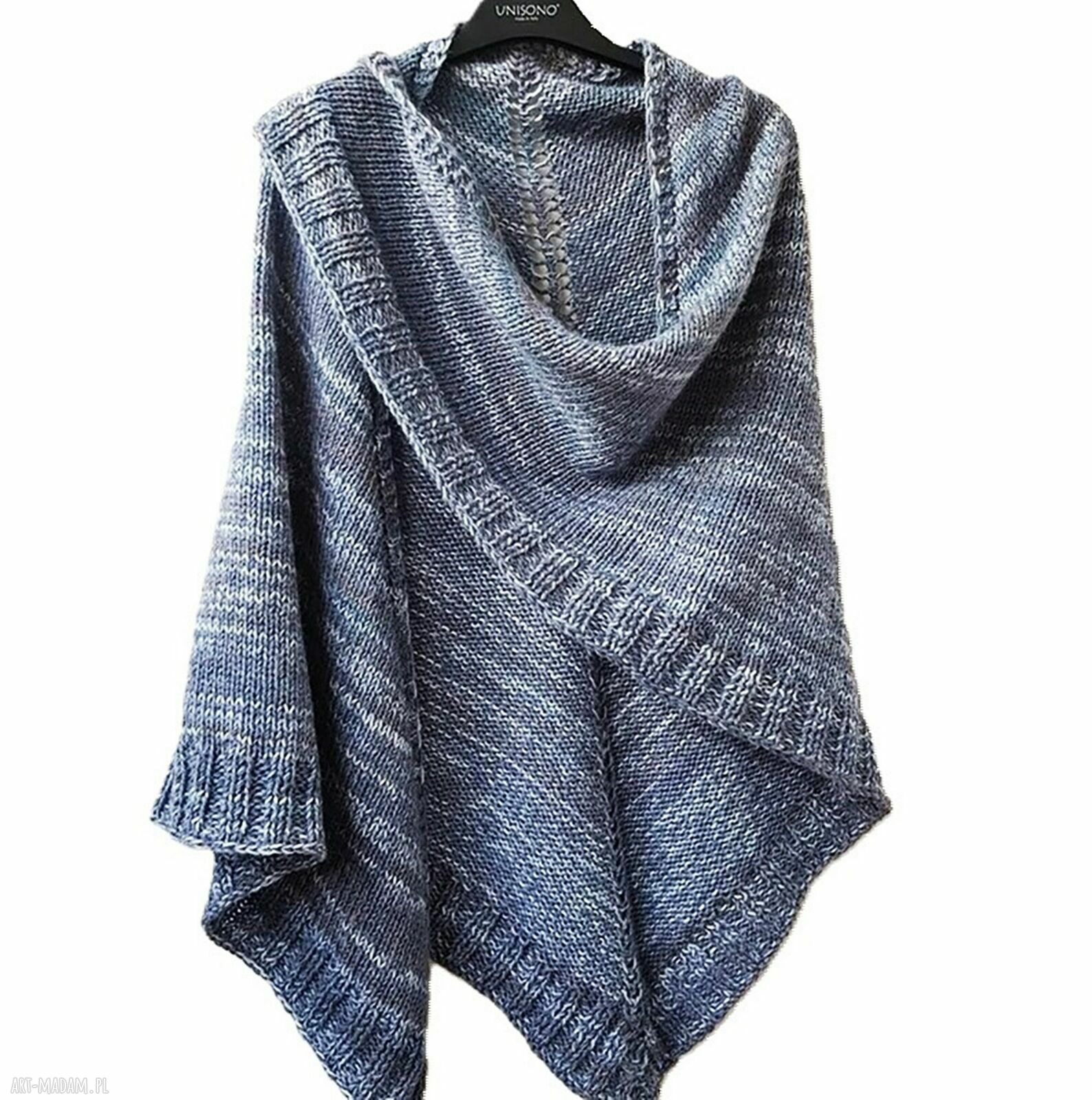 Ręcznie robiona trójkątna chusta z wełny merino - Blue Jeans