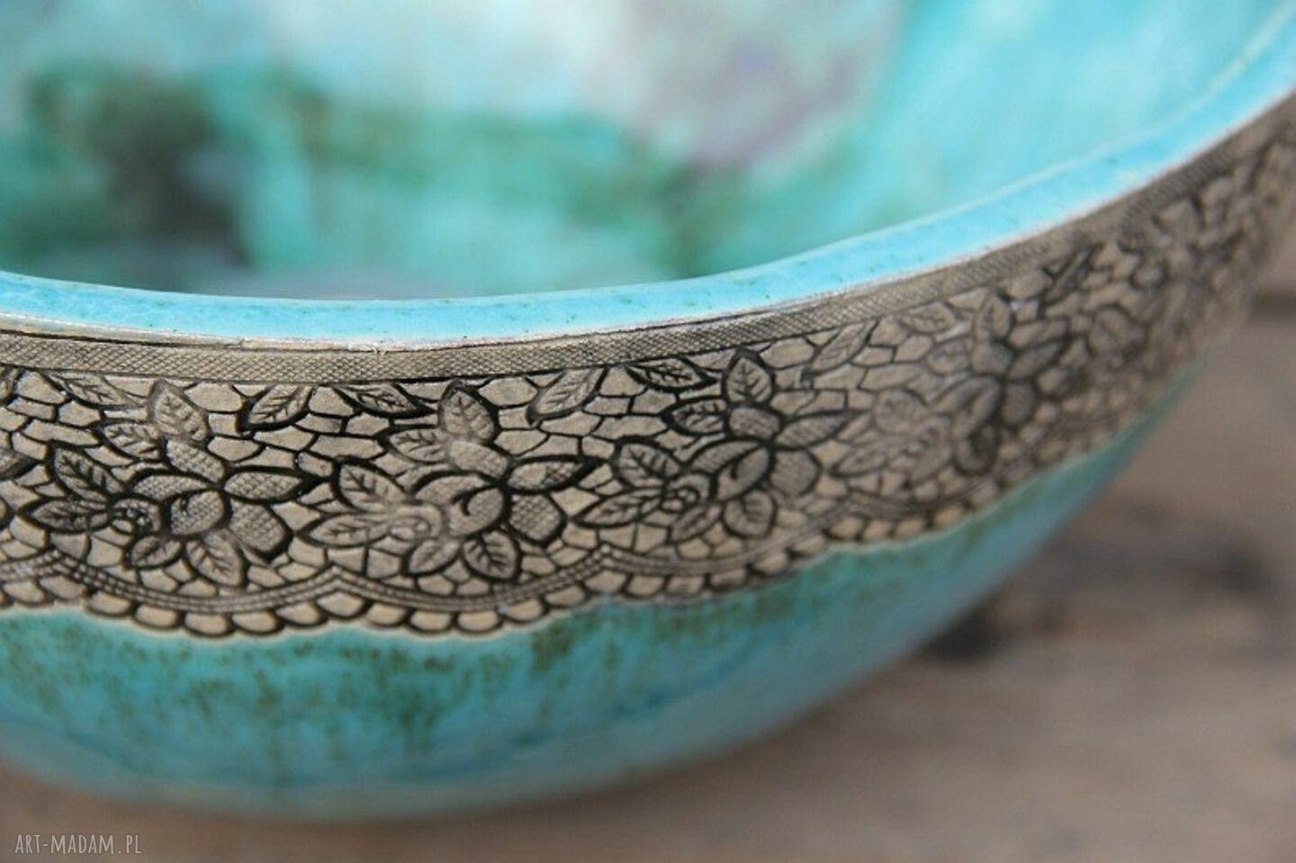Ręcznie robiona umywalka ceramiczna ze zdobieniem w stylu wiejskim - rustykalna 28x13 cm
