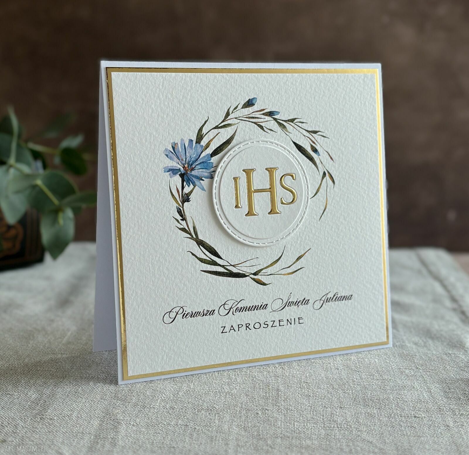 Eleganckie, ręcznie robione zaproszenia komunijne wzór 5E - personalizowane