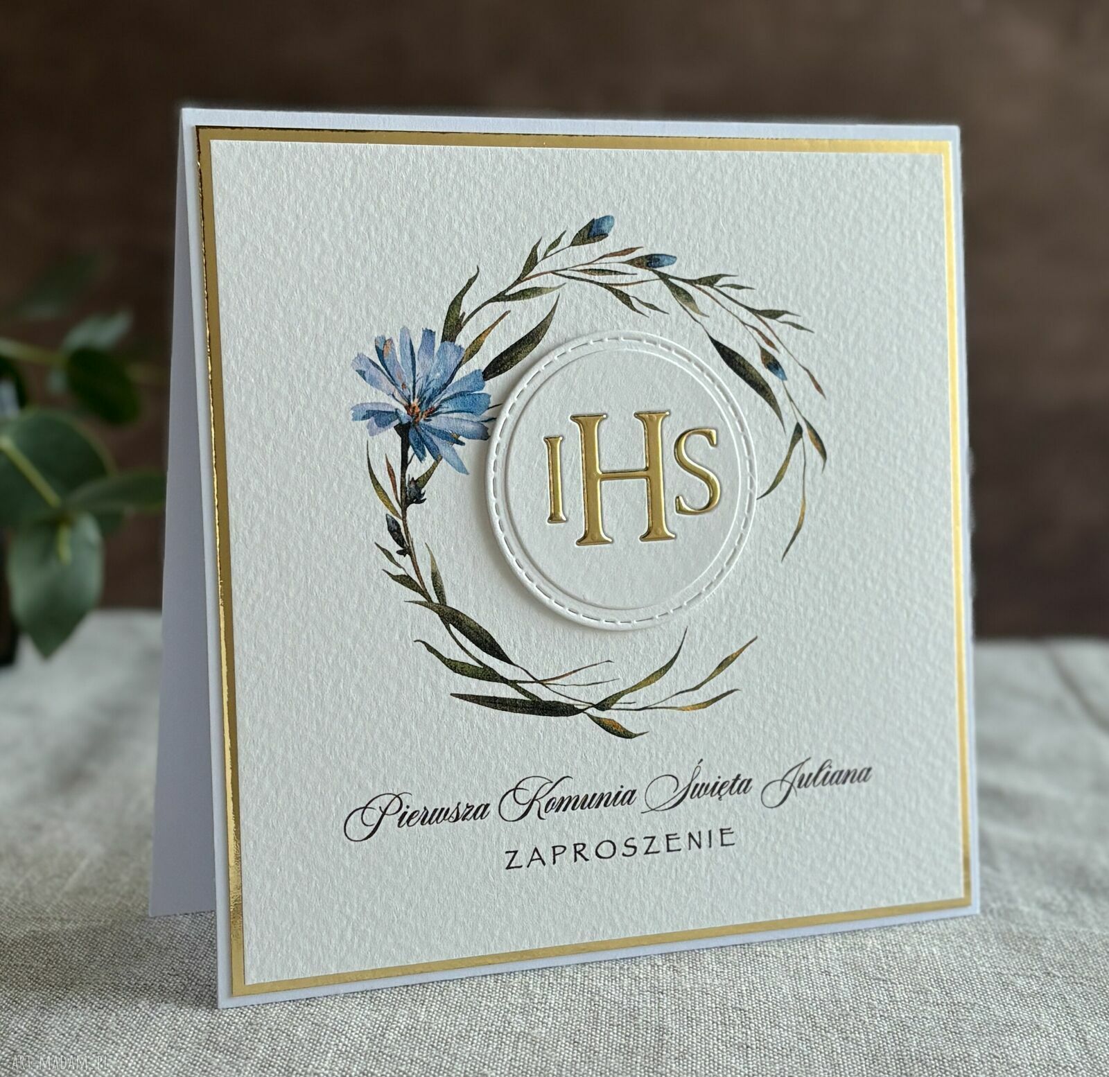 Eleganckie, ręcznie robione zaproszenia komunijne wzór 5E - personalizowane