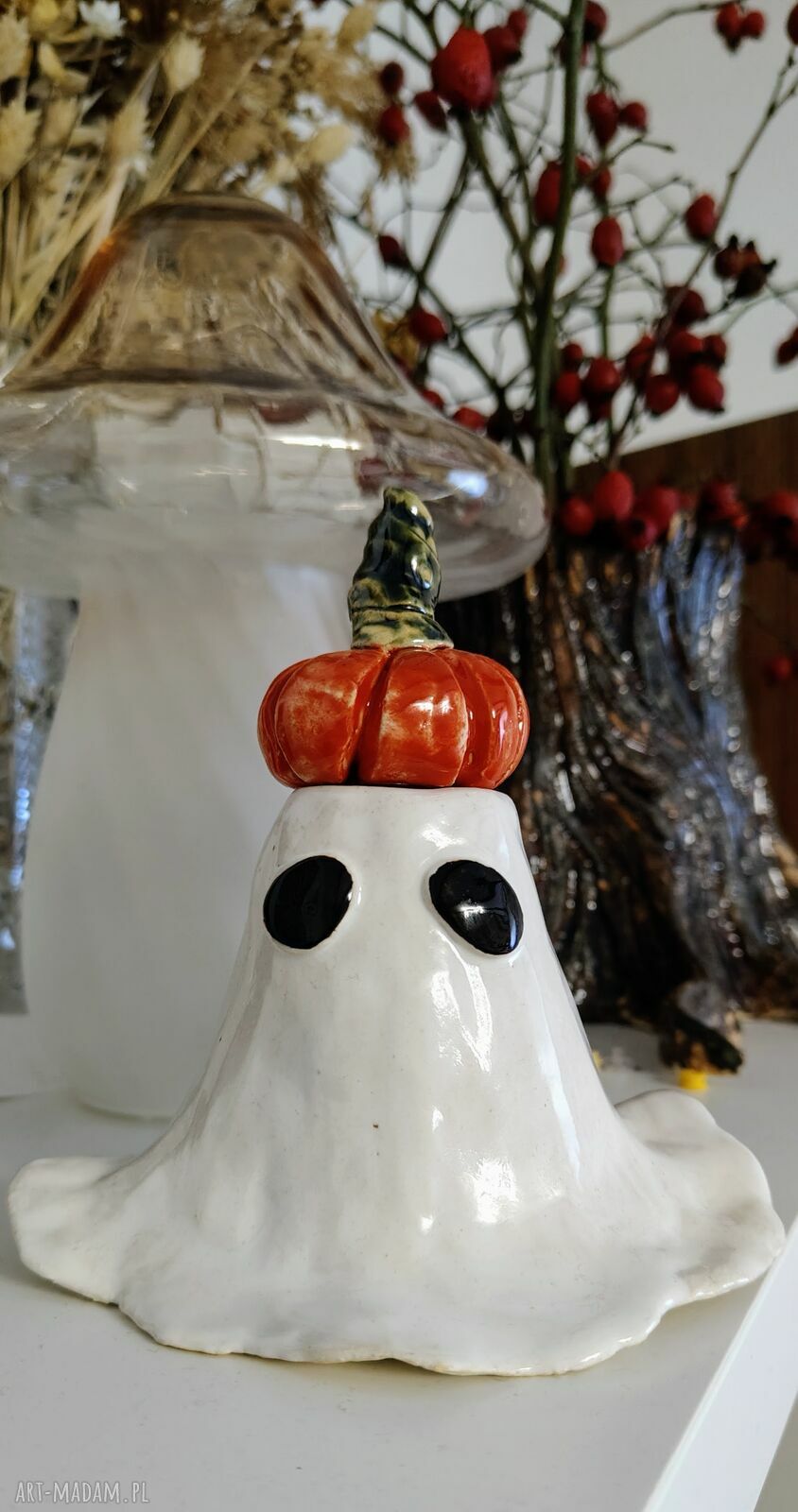 Ręcznie robiony ceramiczny duszek - świecznik i pojemnik Halloween (ok. 14 cm)
