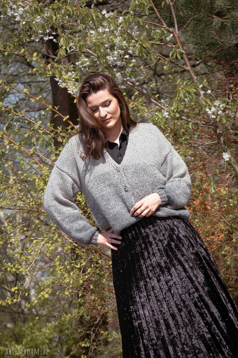 Ręcznie robiony kardigan z alpaki 100% - szary oversize