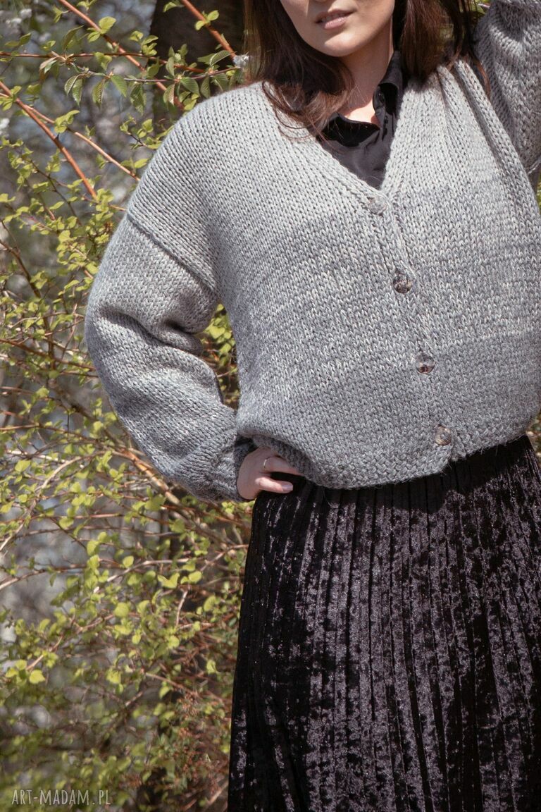 Ręcznie robiony kardigan z alpaki 100% - szary oversize
