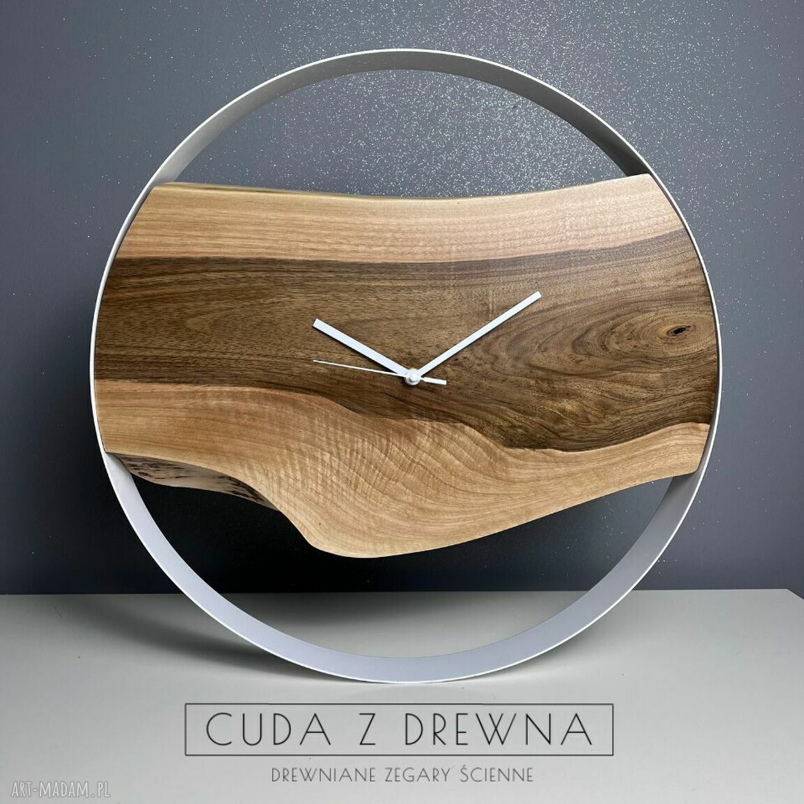 zegary: Ręcznie robiony zegar z drewna w stalowej obręczy 50 cm średnicy Hand Made