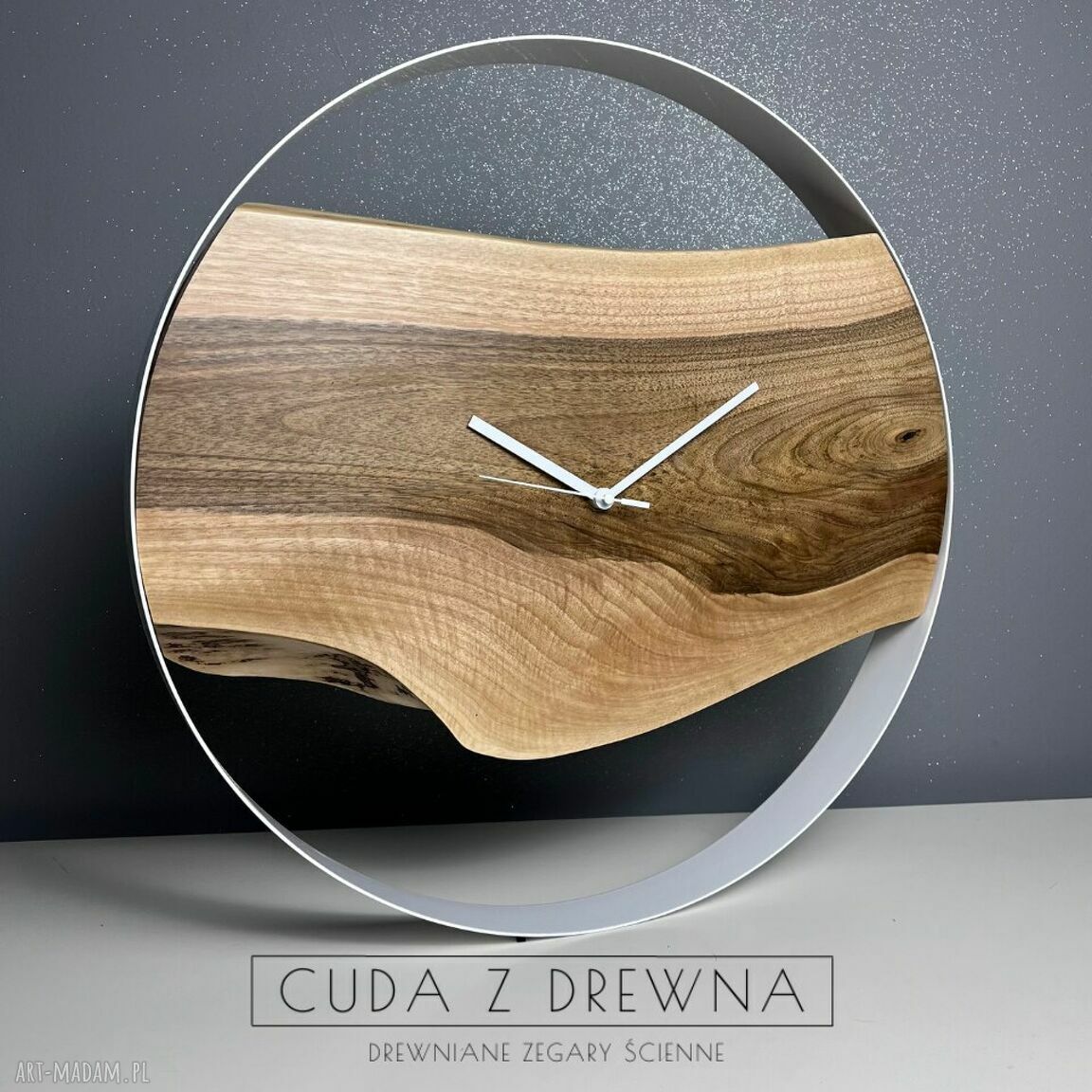 zegary: Ręcznie robiony zegar z drewna w stalowej obręczy 50 cm średnicy Hand Made