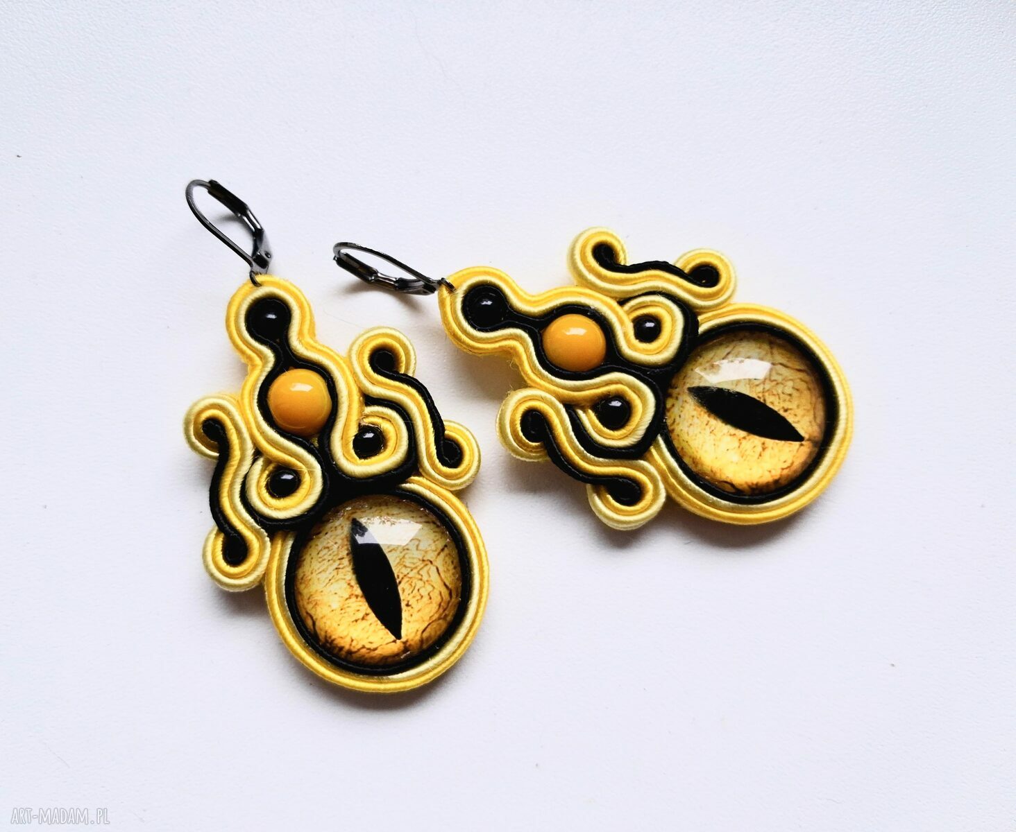 Kolczyki sutaszowe Yellow Dragon - ręcznie haftowane smocze oko (6,5 cm)