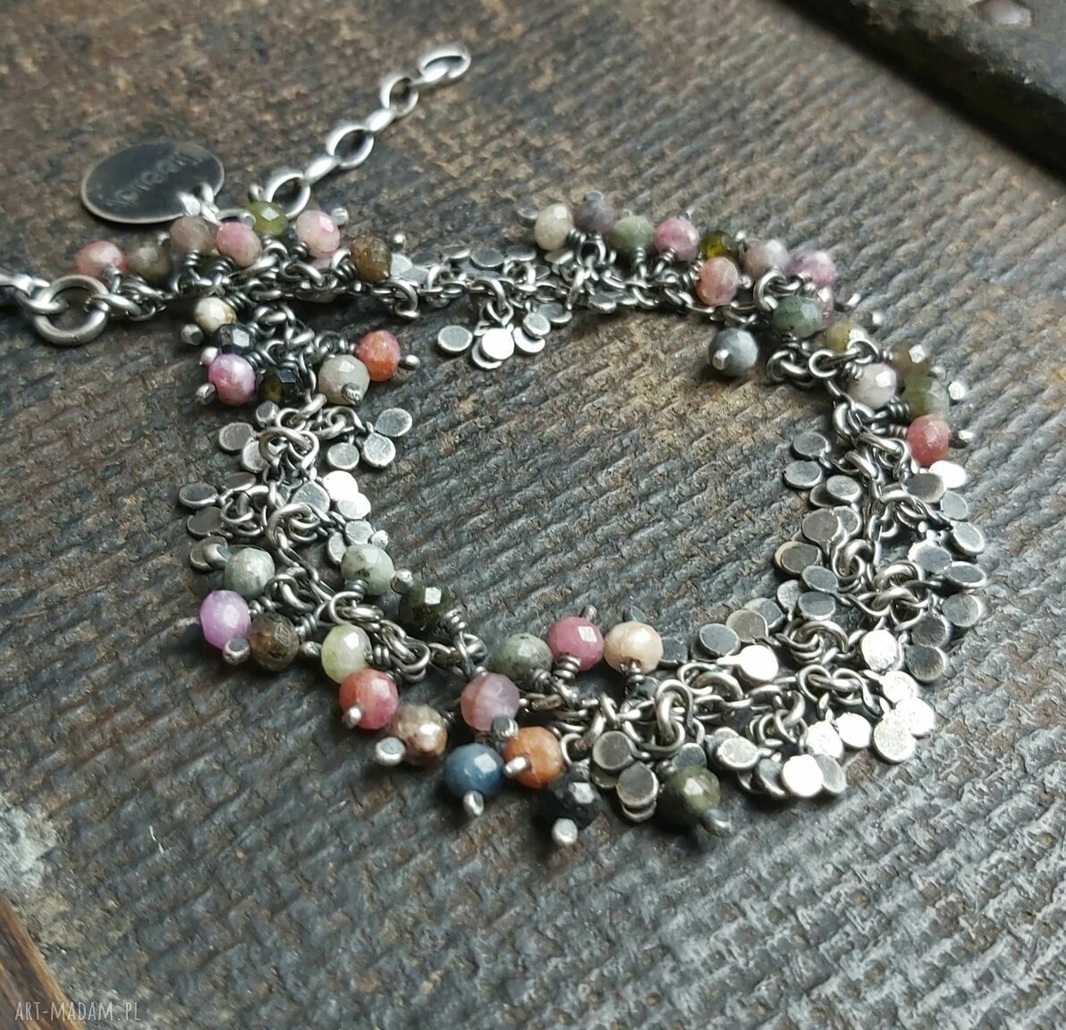 Ręcznie wykonana bransoletka z oksydowanego srebra listki z turmalinami. Handmade