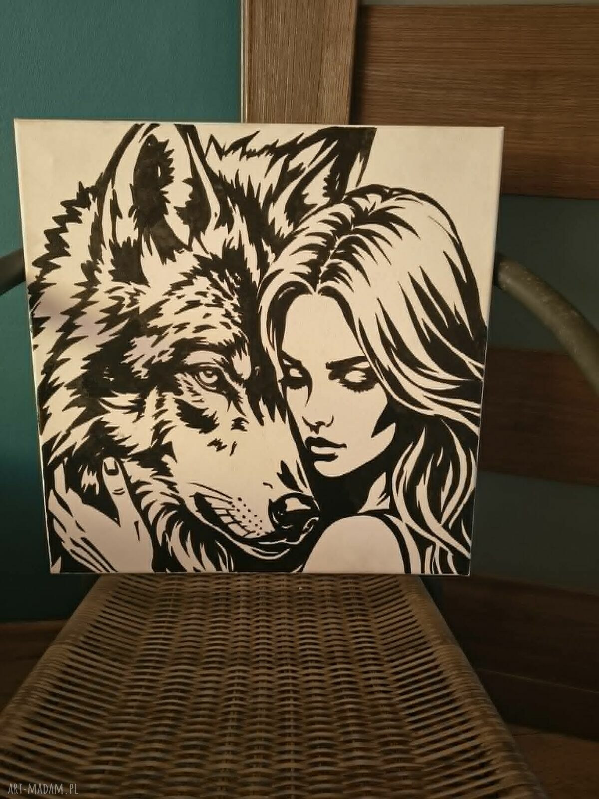 Ręcznie wykonany obraz kobiety i wilka na płótnie 40x40 cm