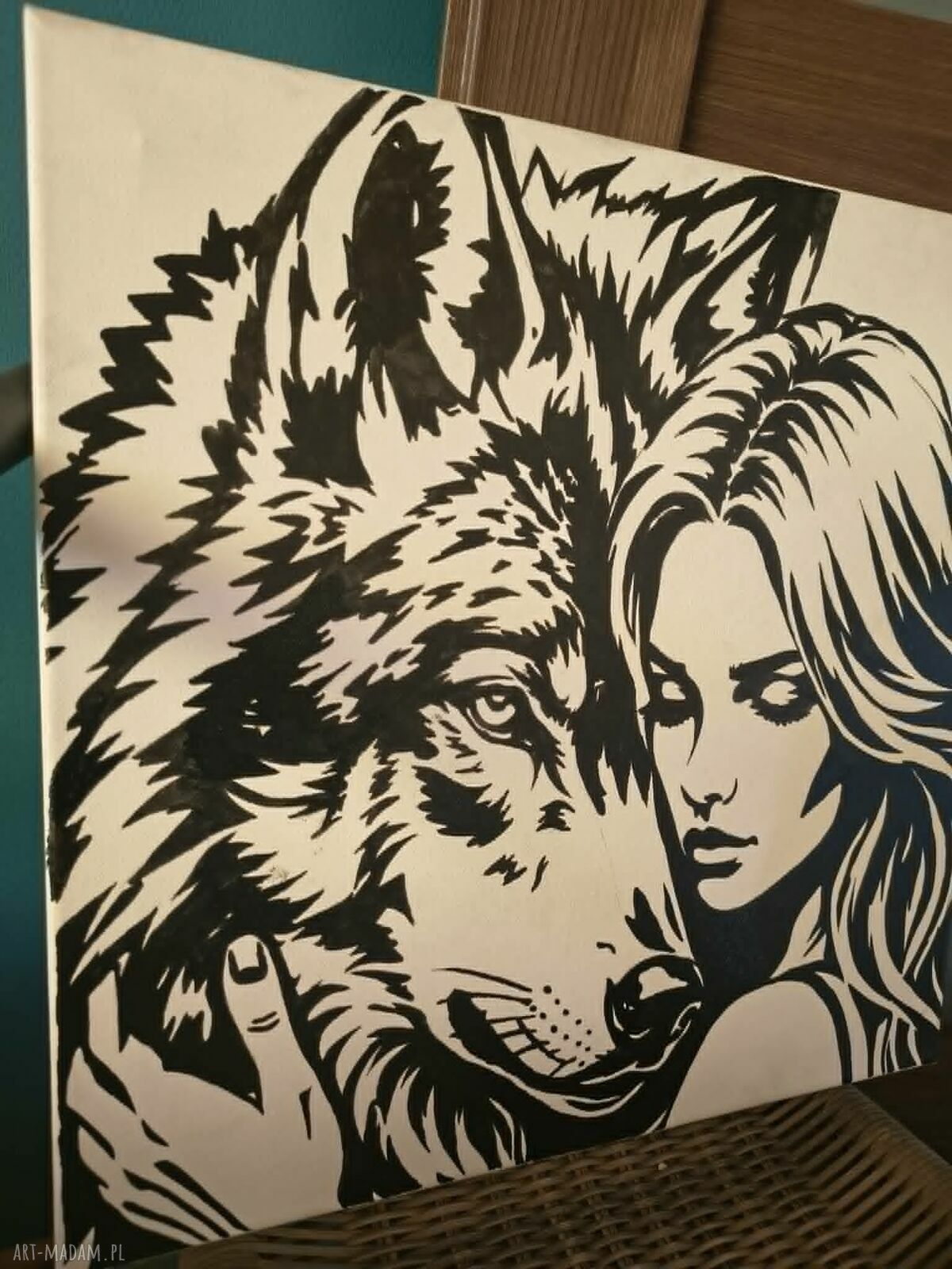 Ręcznie wykonany obraz kobiety i wilka na płótnie 40x40 cm
