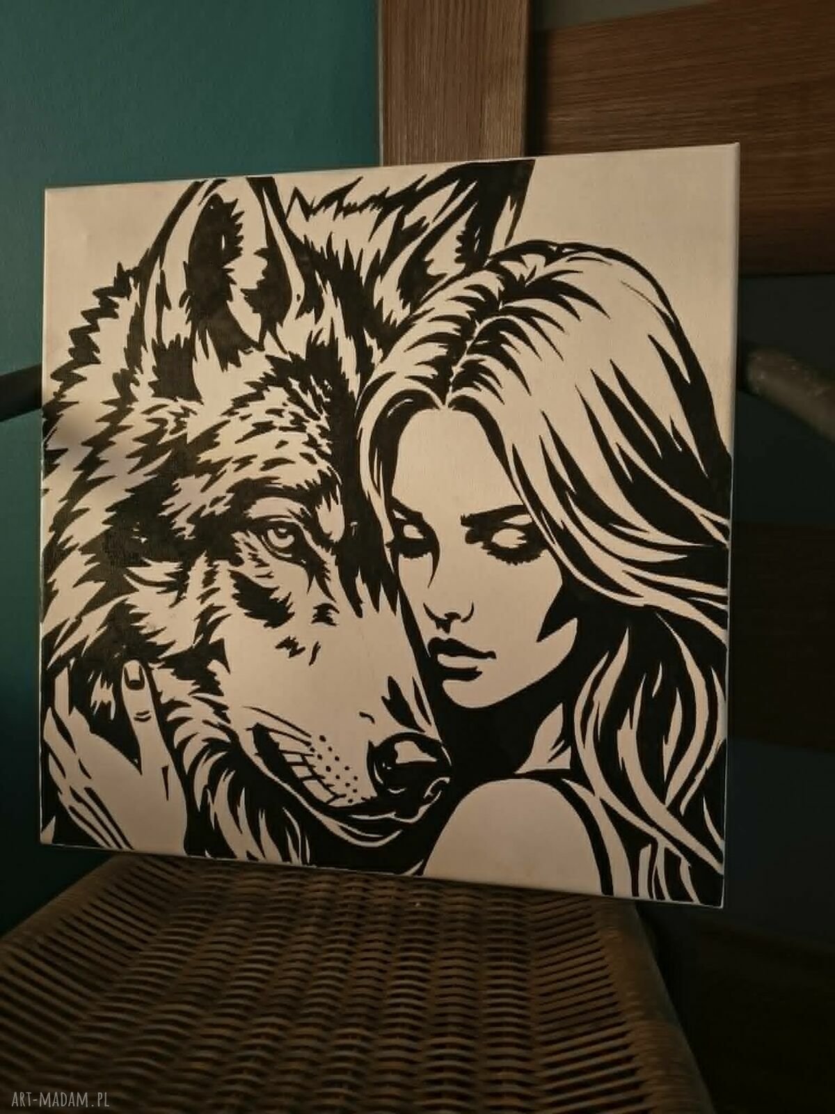 Ręcznie wykonany obraz kobiety i wilka na płótnie 40x40 cm