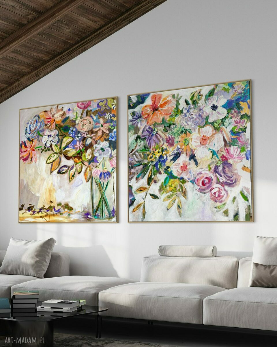 Ręcznie malowany kwiatowy zestaw obrazów na płótnie 110x110 cm